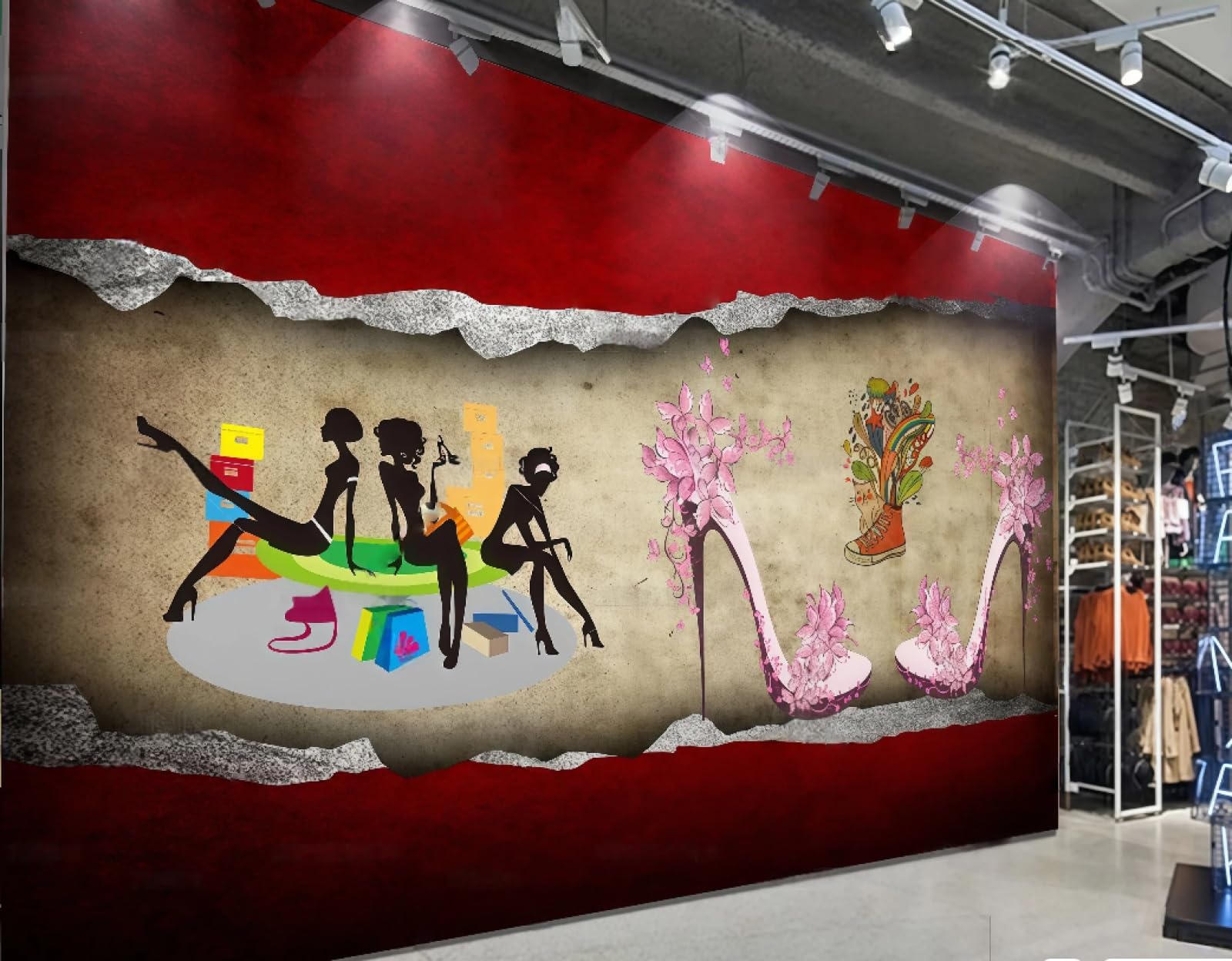 XDOUBAO Wallpaper Retro Nostalgic Shoe Store Theme Shopping Mall Clothing Window Afternoon Tea Western Restaurant Background Wall Wallpaper Coffee Shop Mural,3D,300x210cm