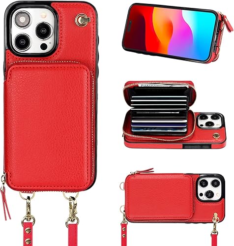 Bocasal Funda tipo cartera cruzada para iPhone 15 Pro Max, funda de piel con bloqueo RFID y soporte para tarjetas, funda protectora con cremallera y