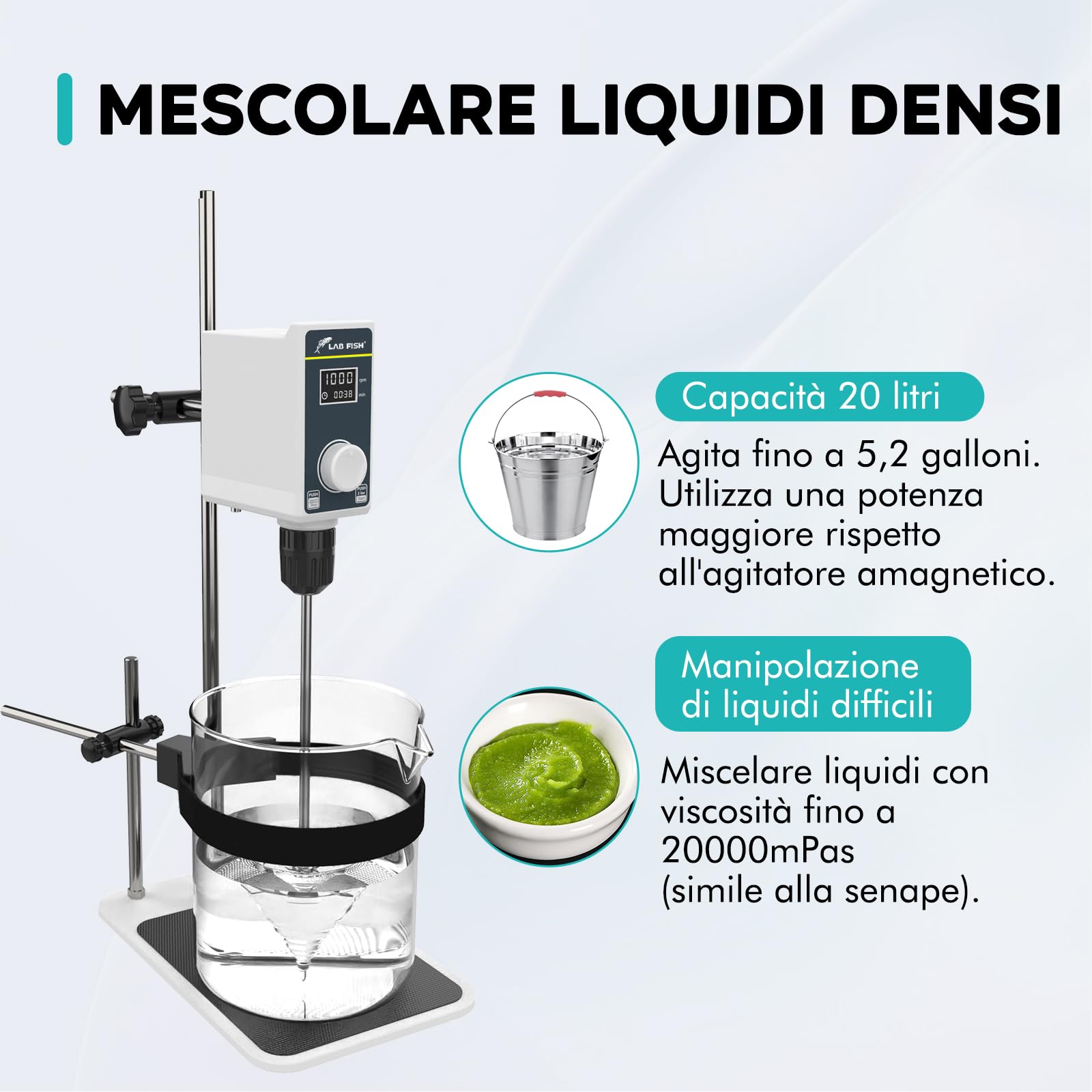 LAB FISH Agitatore a Immersione Overhead Stirrer, Miscelatore da Laboratorio 50W con Pala e Supporto Acciaio Inox, Velocità Regolabile 100-2000 RPM, Timer 1min-24h, per 20L & 20000 mPas