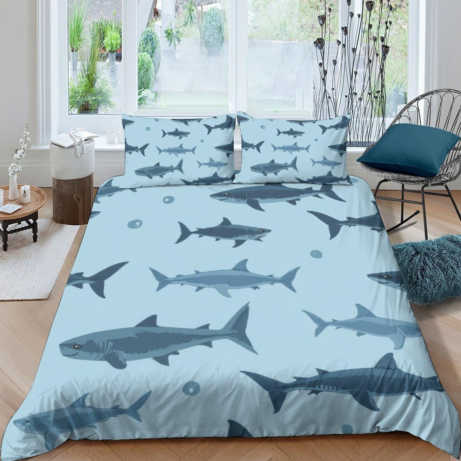 Ctjqhvkz Style-2 3D Printed Shark Ocean Fitted Sheet Microfiber Soft Blue Marine Mattress Cover For Bedroom Guestroom Decor Single（135X200cm）