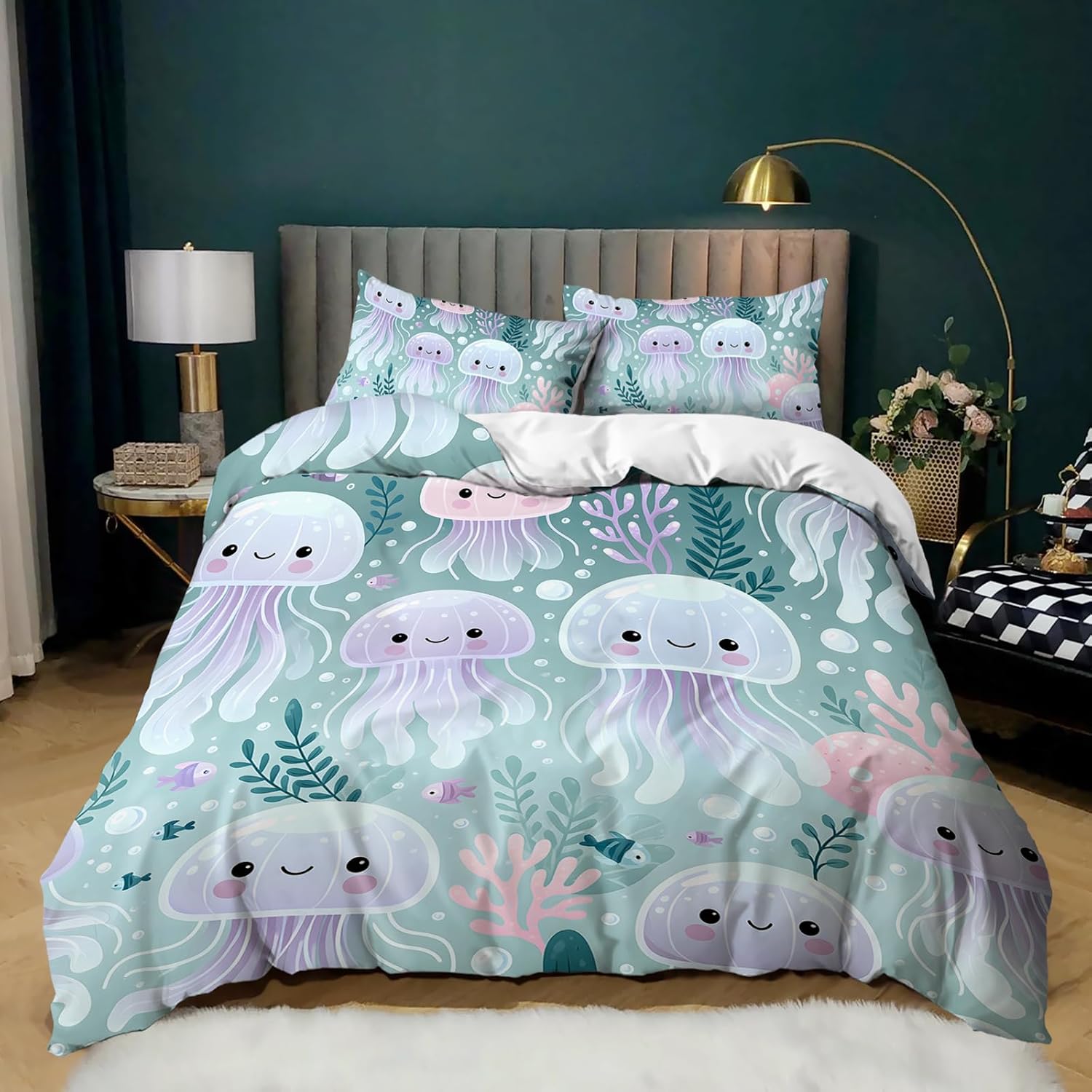 AILONEN Cartoon Duck Duvet Cover Set Twin Size, 3 Piece White and Yellow Ducks Soft Bedding Set,Grass Green Comforter Cover with 2 Pillowcases