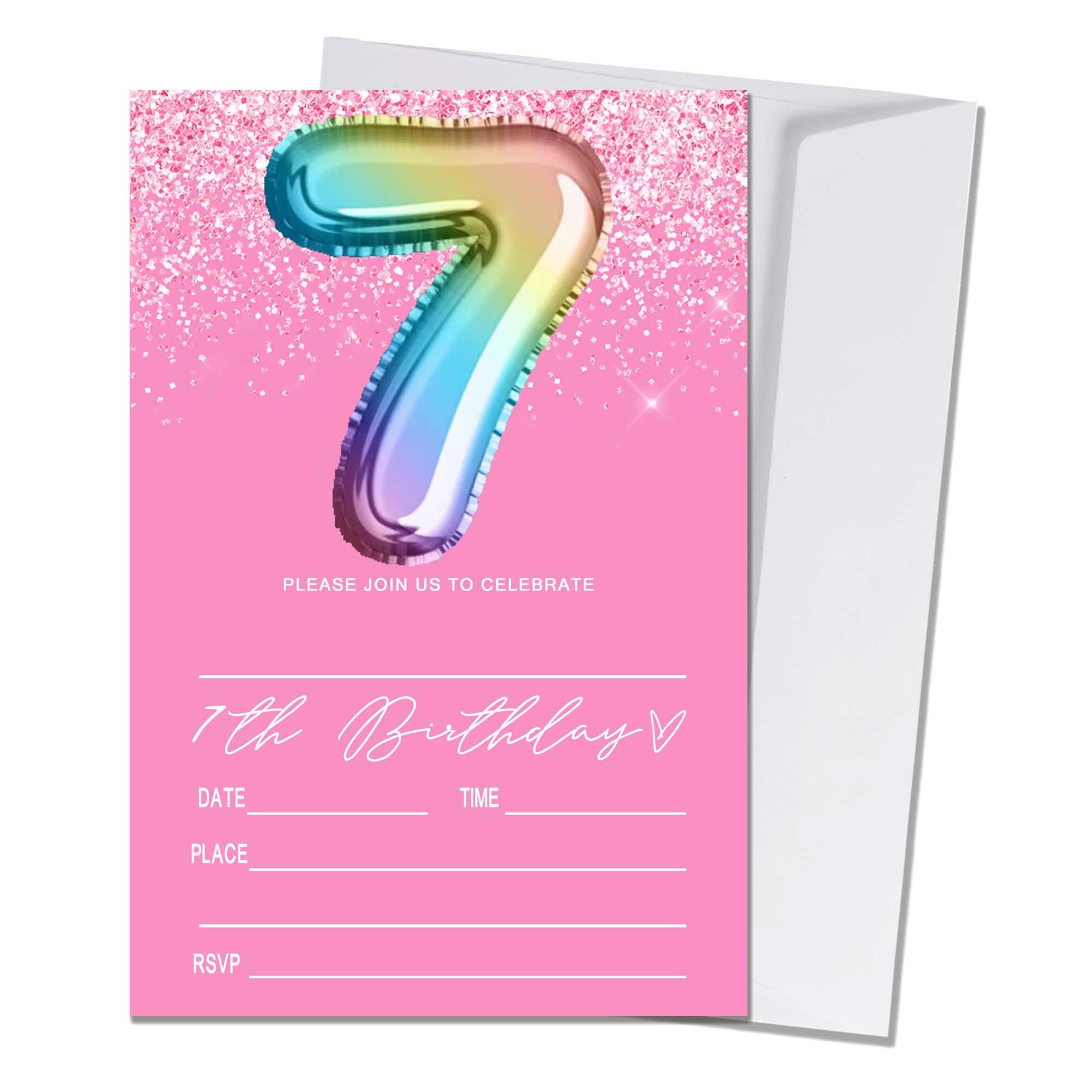 Wybgno Pink 7th Birthday Invitation for Girls 20 Pieces Glitter Birthday invitation Rainbow Foil Print Invite Cards With Envelopes, Birthday Party Supplies (4×6 inch) -C24