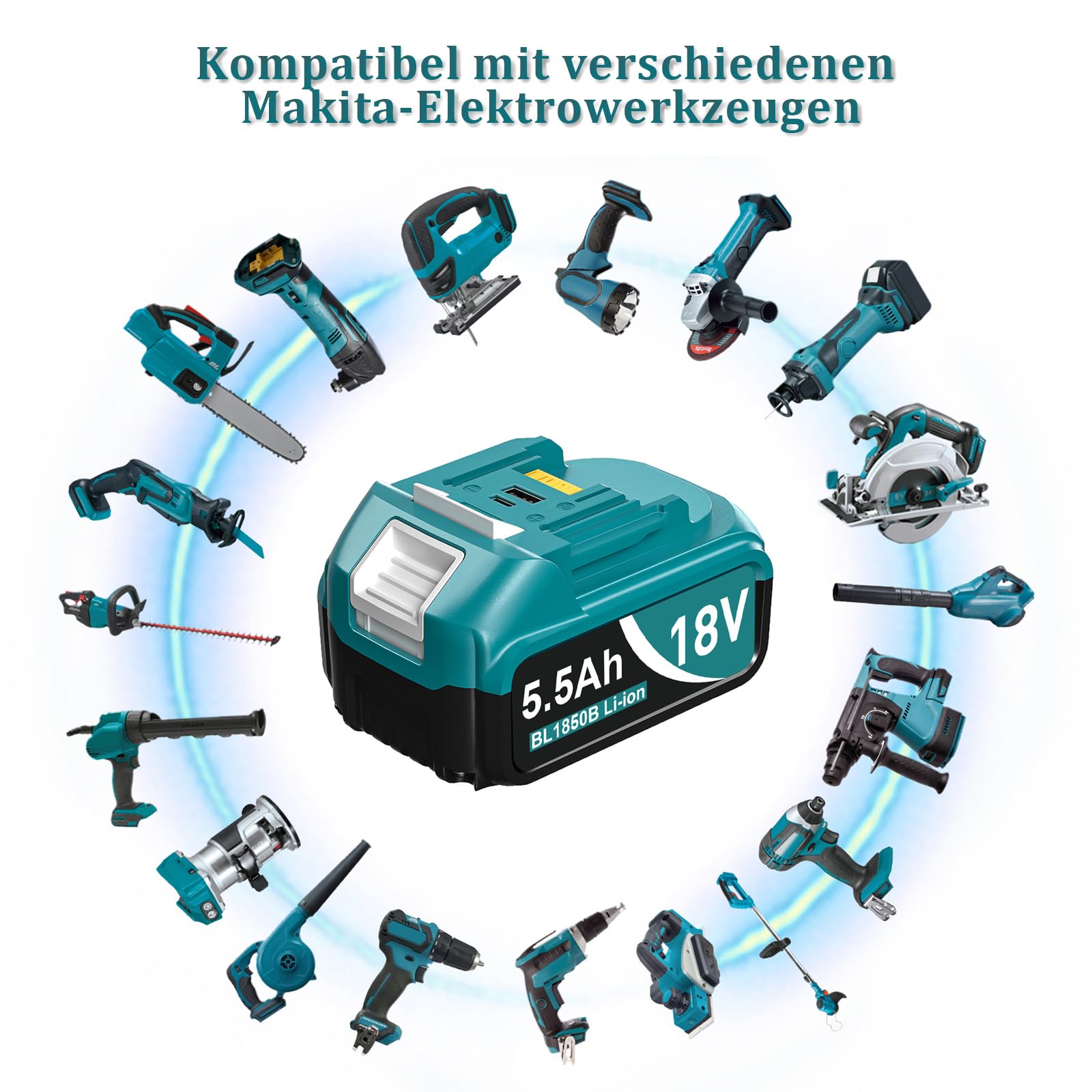 2 x 18V 5,5Ah Ersatzakkus für Makita 18V Akku & 1 x Ersatzladegerät DC18RF mit USB Anschluss, kompatibel mit Makita LXT Akkus BL1860B, BL1850B, BL1840B, BL1830B und Ladegeräten DC18RC, DC18RA, DC18SF