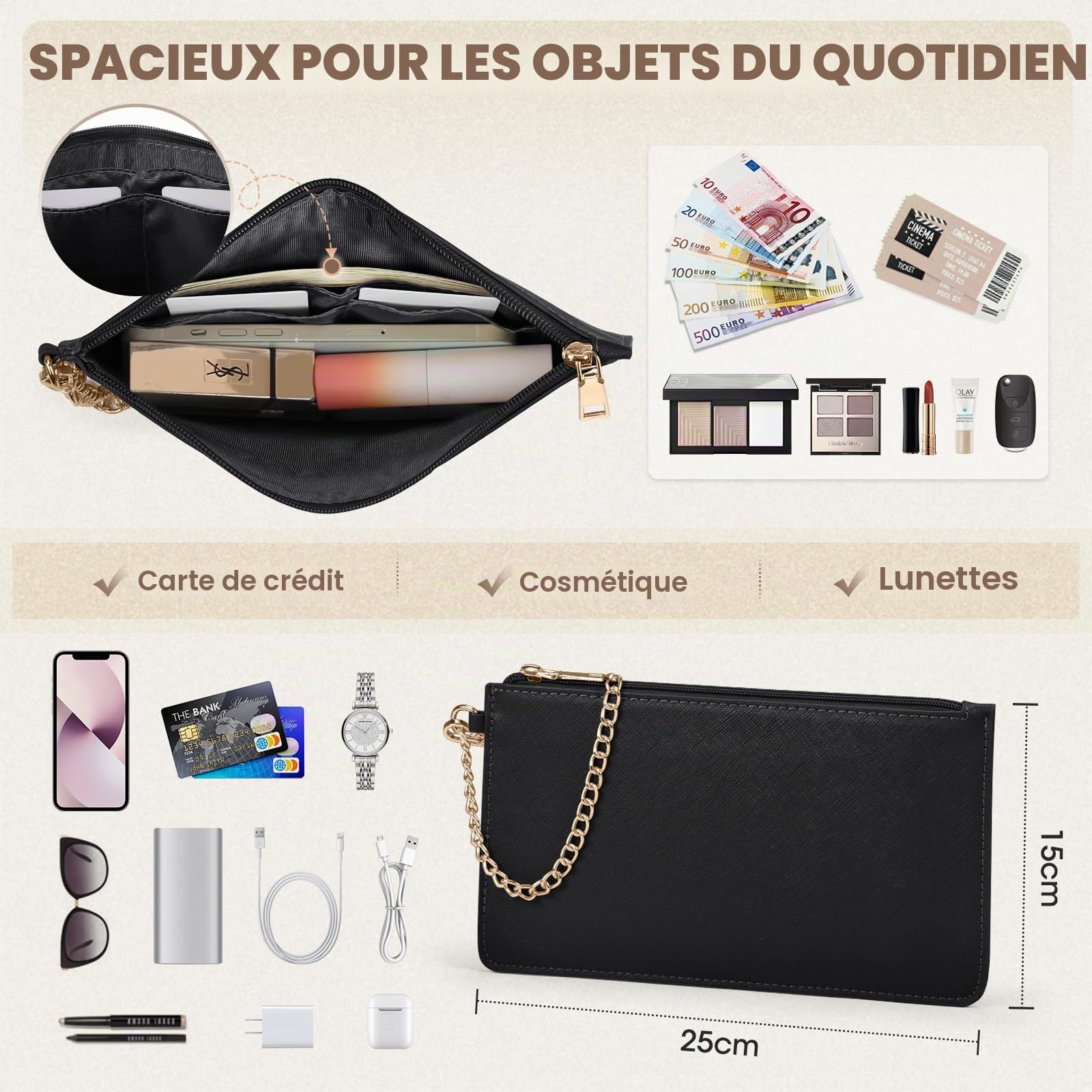 RAINSMORE Sac Cabas Femme Grand Sac A Main Pour Les Cours Lycee PU Cuir sac Fourre Tout Femme Sac Bandoulieres pour Cours Affaires Travail Noir