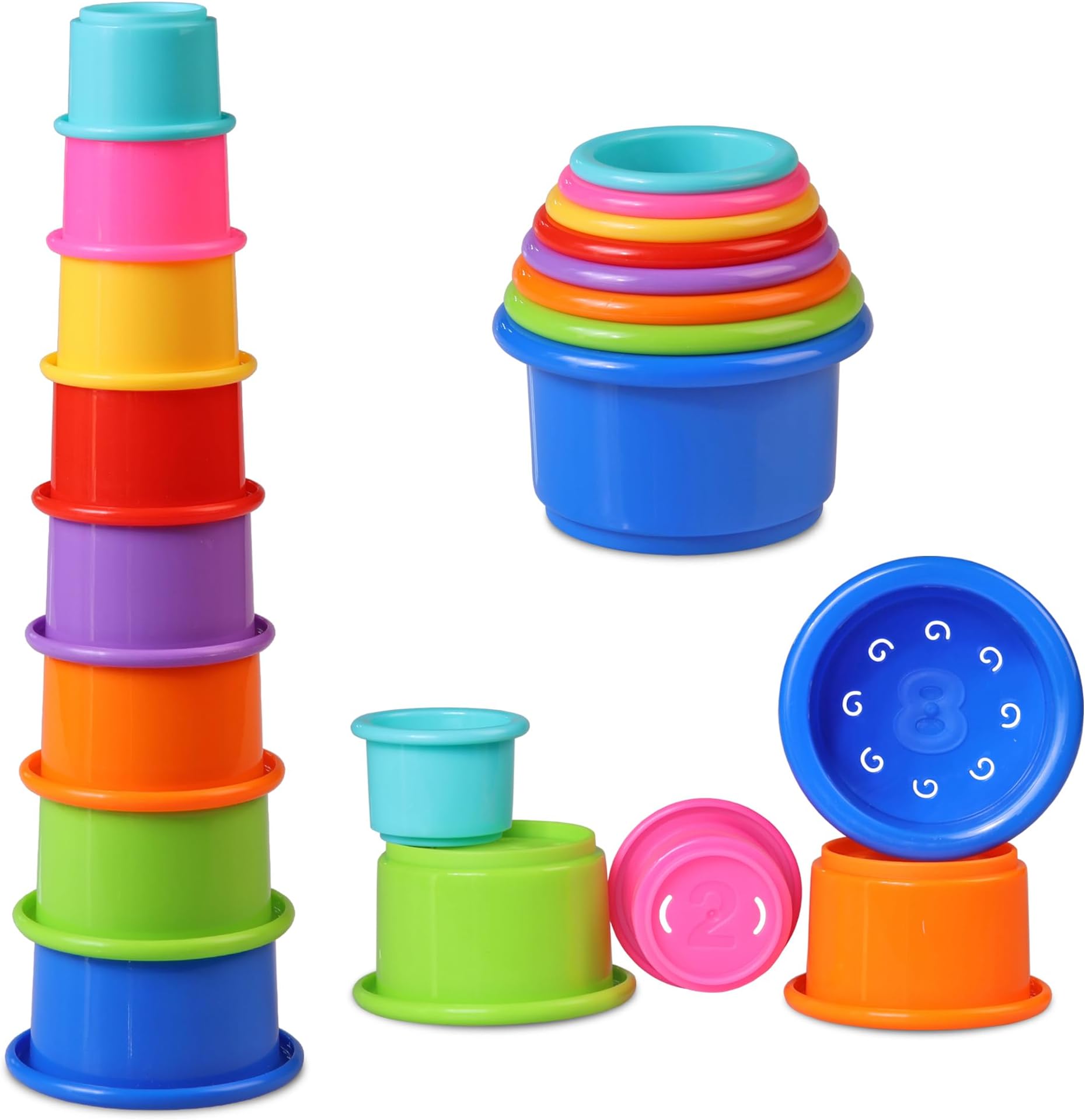 Stacking Cups Baby Toy Educational Cup Stacking Set 8-Pc Rainbow Stackable Cups | Nesting Cups for Babies 6-12 Months | Stacking Cups for Toddlers 1-3 Perfect for Indoor/Outdoor, Rainbow (8Pcs)