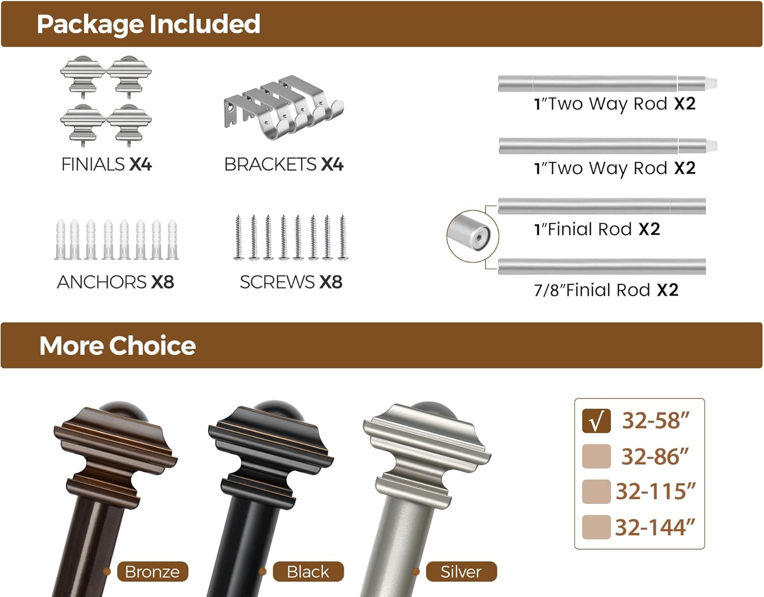 KAMANINA 2 Pack Curtain Rod 32 to 58 Inches (2.6-4.8ft), 1 Inch Curtain Rods for Windows, Single Drapery Rods with Square Finials, Antique Silver