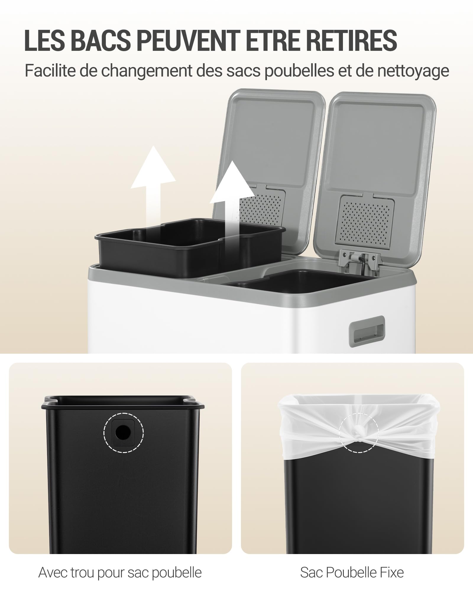 Hzuaneri Poubelle Cuisine, 60L (2 x 30L), Poubelle Tri Selectif 2, Poubelles Tri avec Pédales à code couleur, Ilencieux et retombe lentement, avec 15 Sacs Poubelles, pour Cuisine, Blanc SW23099W