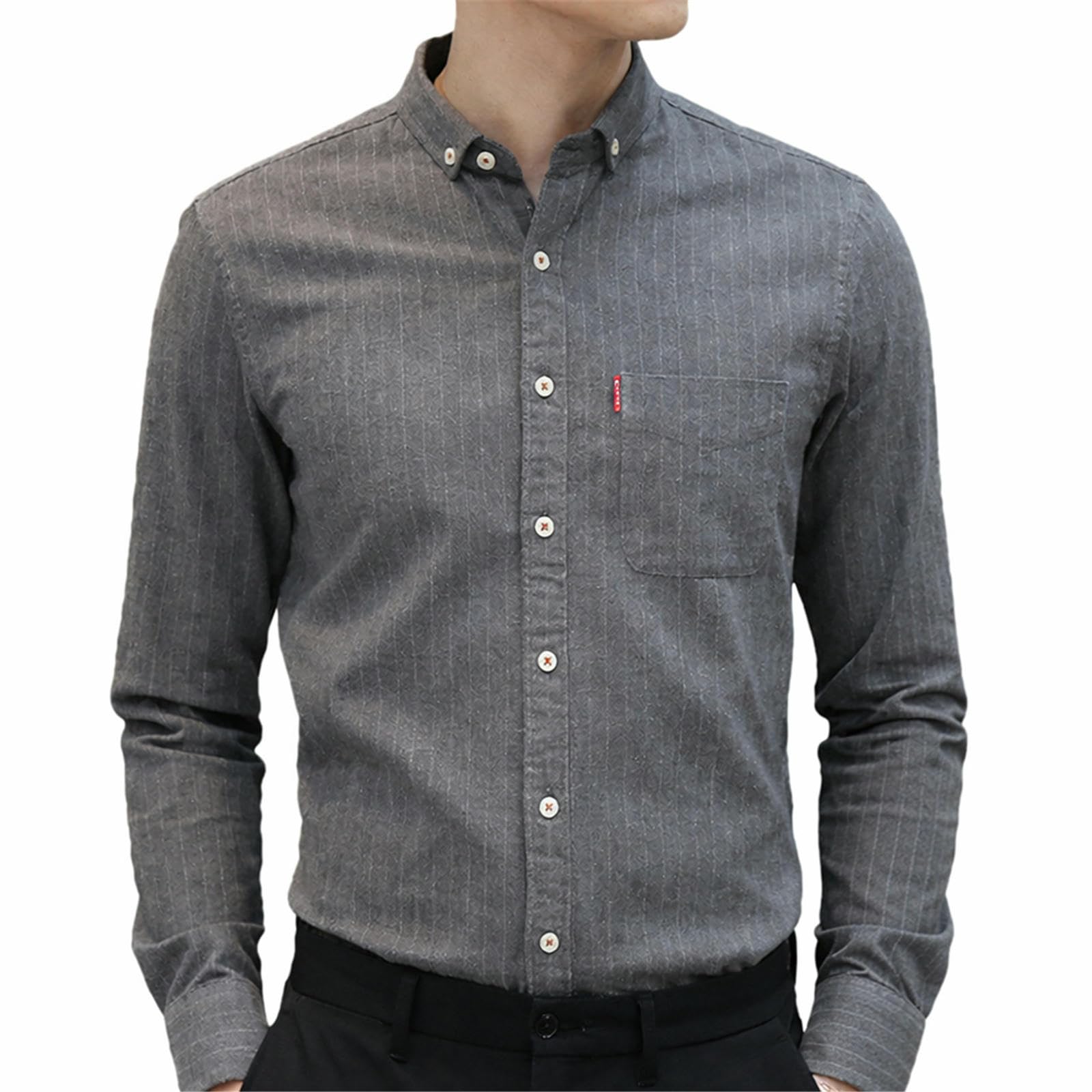 Camicia da uomo foderata in pile, con bottoni, verticale, a righe, business, tempo libero, con tasca, calda camicia invernale