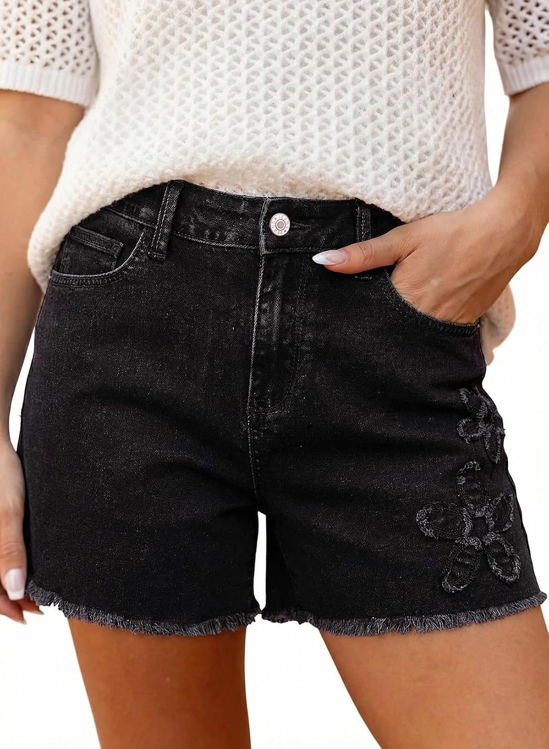 Dokotoo Womens Jean Shorts Floral Embroidered High Waisted Casual Stretchy Raw Edge Hemline Denim Shorts
