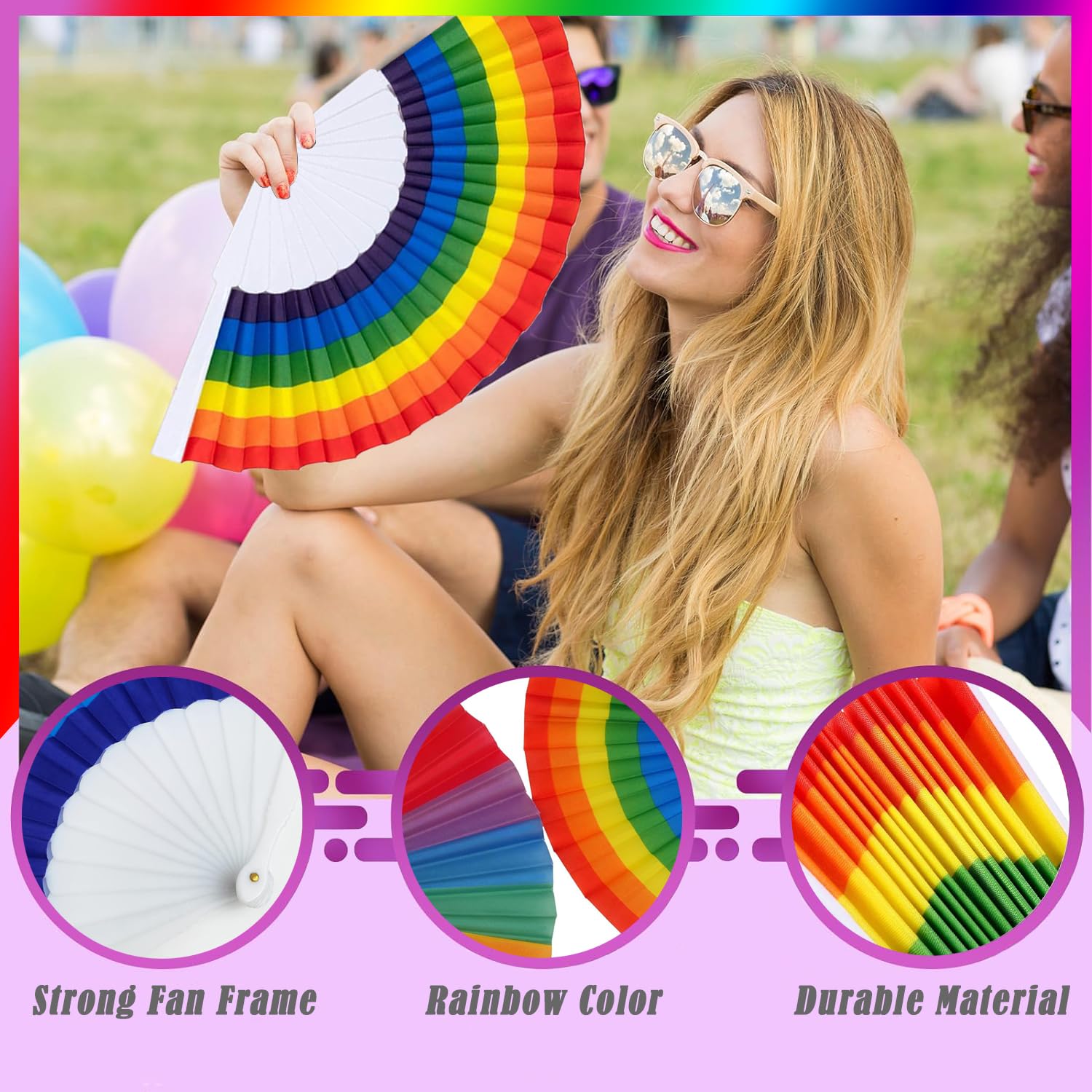 OdiuK 8 Pcs Pride Decorations Rainbow Folding Hand Fan, Foldable Fabric Plastics Handheld Folding Fan, Gay Rainbow Fans for LGBT Pride Month Transgender Bisexual Lesbian Asexual Parade Festival Party - Image 3