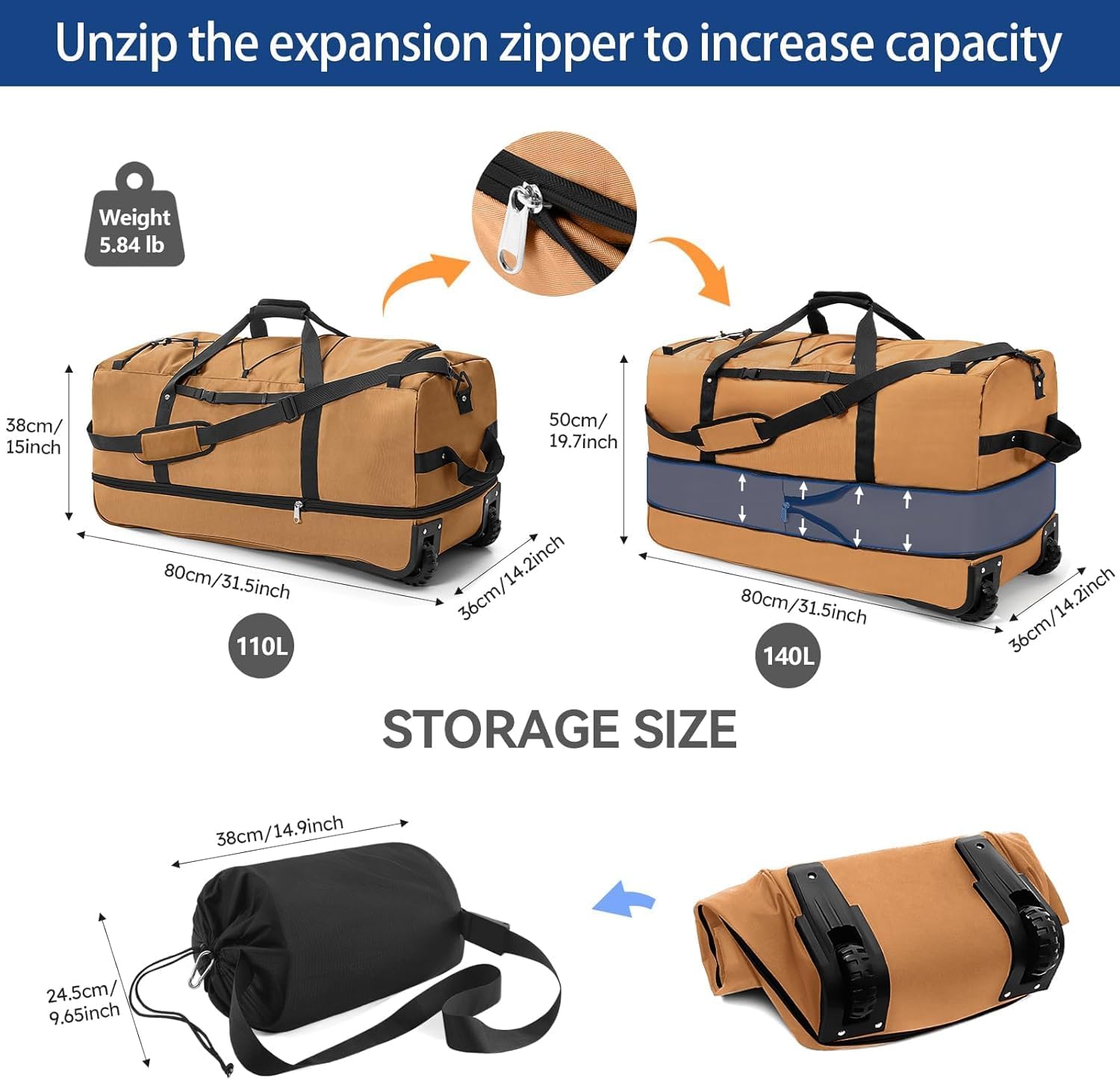 Rolling Duffle Bag with Wheels,110L/140L Expandable Soft-Sided Foldable Duffle Bag with 2 Rubber Wheels,Packable 32” Rolling Carry-On with Multi-Pockets & Compartments (Brown) - Image 3