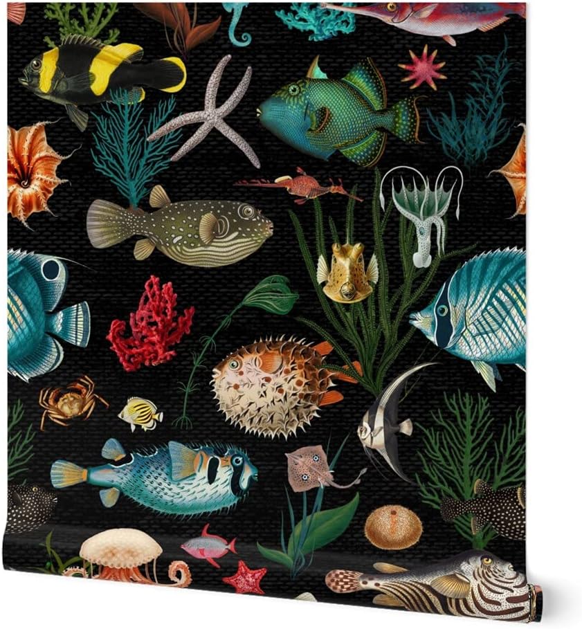 Peel & Stick Wallpaper Swatch - Black Nautical Sea Life Vintage Style Ocean Fish Coastal Tropical Custom Removable Wallpaper by Spoonflower