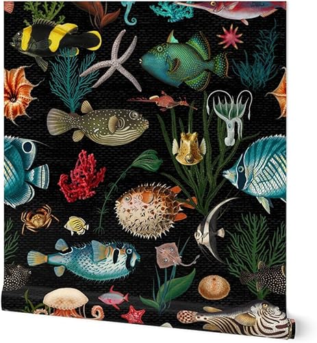 Spoonflower Papel tapiz autoadhesivo de 6 x 2 pies, color negro, náutico, vida marina, estilo vintage, peces oceánicos, costeros tropicales, papel