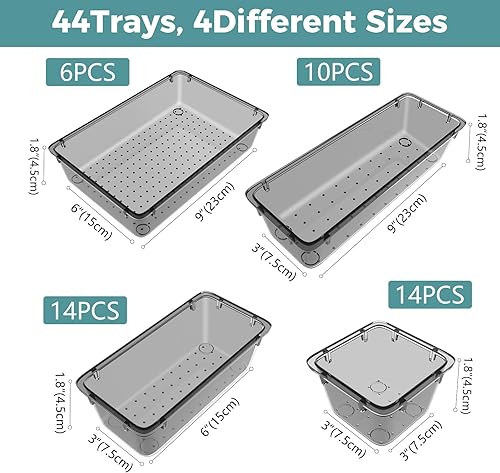 Miniatura 3 de WOWBOX Juego de 44 organizadores de cajones de plástico transparente, 4 contenedores de almacenamiento de varios tamaños y bandejas organizadoras de
