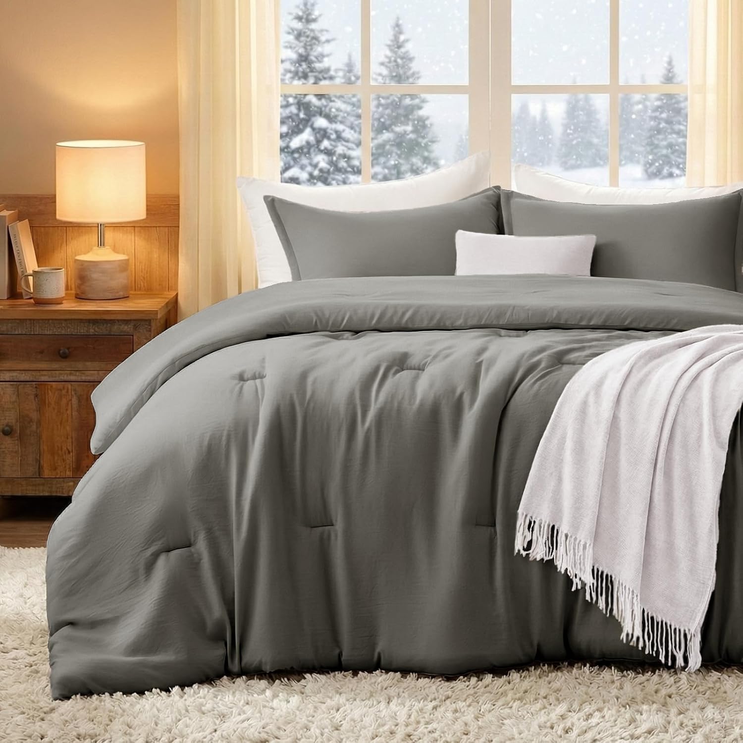 Quataly Queen Comforter Sets Grey,3PCS Soft Lightweight Breathable Bedding Comforter Sets for All Season, Queen Size(90''×90'' Comforter & 2 Pillowcases)