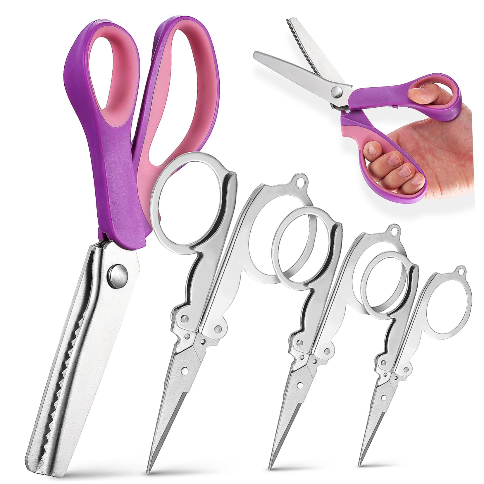 SEWACC Stainless Steel Scissors Kit 4pcs : Pinking Scissors for Fabric Paper Embroidery Craft Office