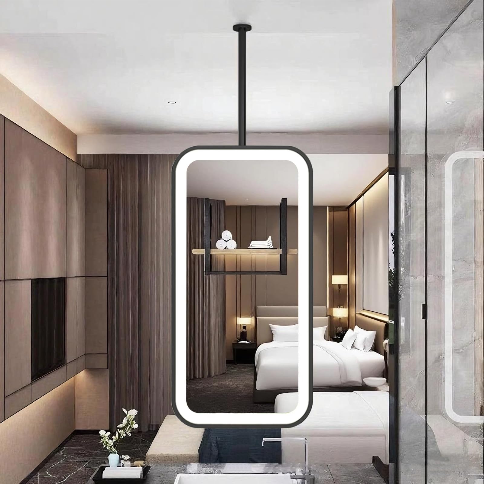 FGXHHS Black Metal Ceiling Mounted Mirrors with Lights，LED Illuminated Wall Vanity 3 Colour Dimmable，Floating Glass for Living Room Bedrooms(40cmx60cm)