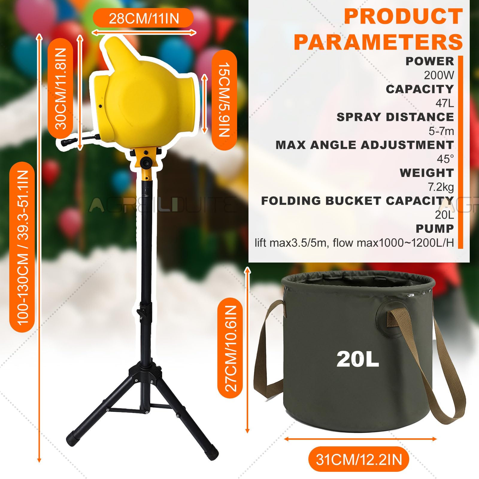 Maquina De Hacer Espuma Para Fiesta, Kit Portátil | Con Cubo Plegable 20 L, Boquilla Extensible Y Malla De Espuma, Con Soporte Ajustable De 1 a 1,3 M, Ángulo Y Densidad De Espuma Ajustables