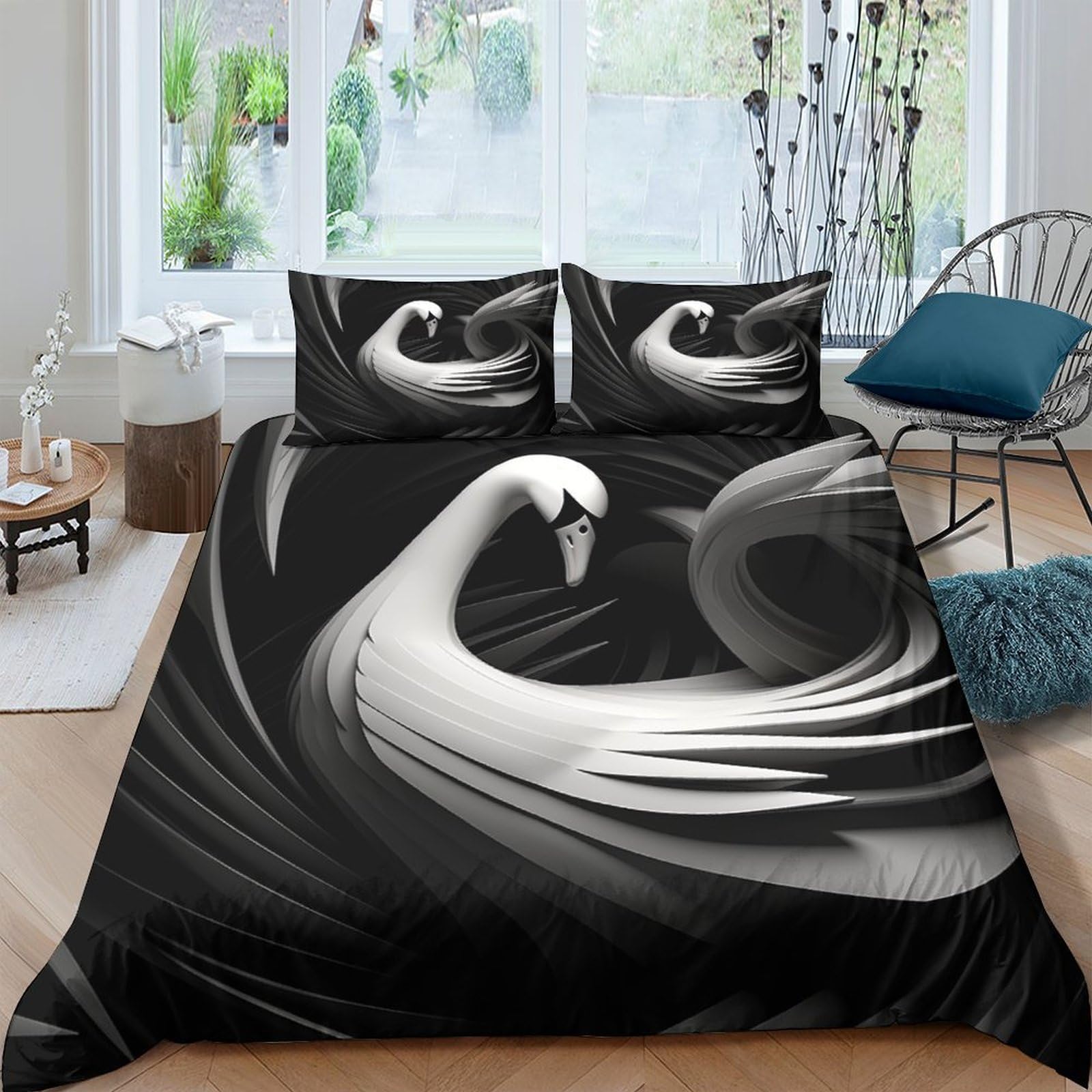 Parure 3 Pièces Cygne Blanc Dessin Noir et Blanc avec Housses De Couettes 200x200