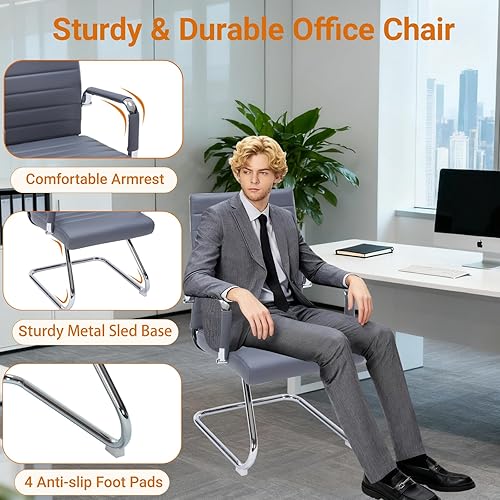 Miniatura 4 de Sidanli Silla de recepción de oficina, sin ruedas, estacionaria de piel sintética no rodante, silla de invitados con base de trineo para área de