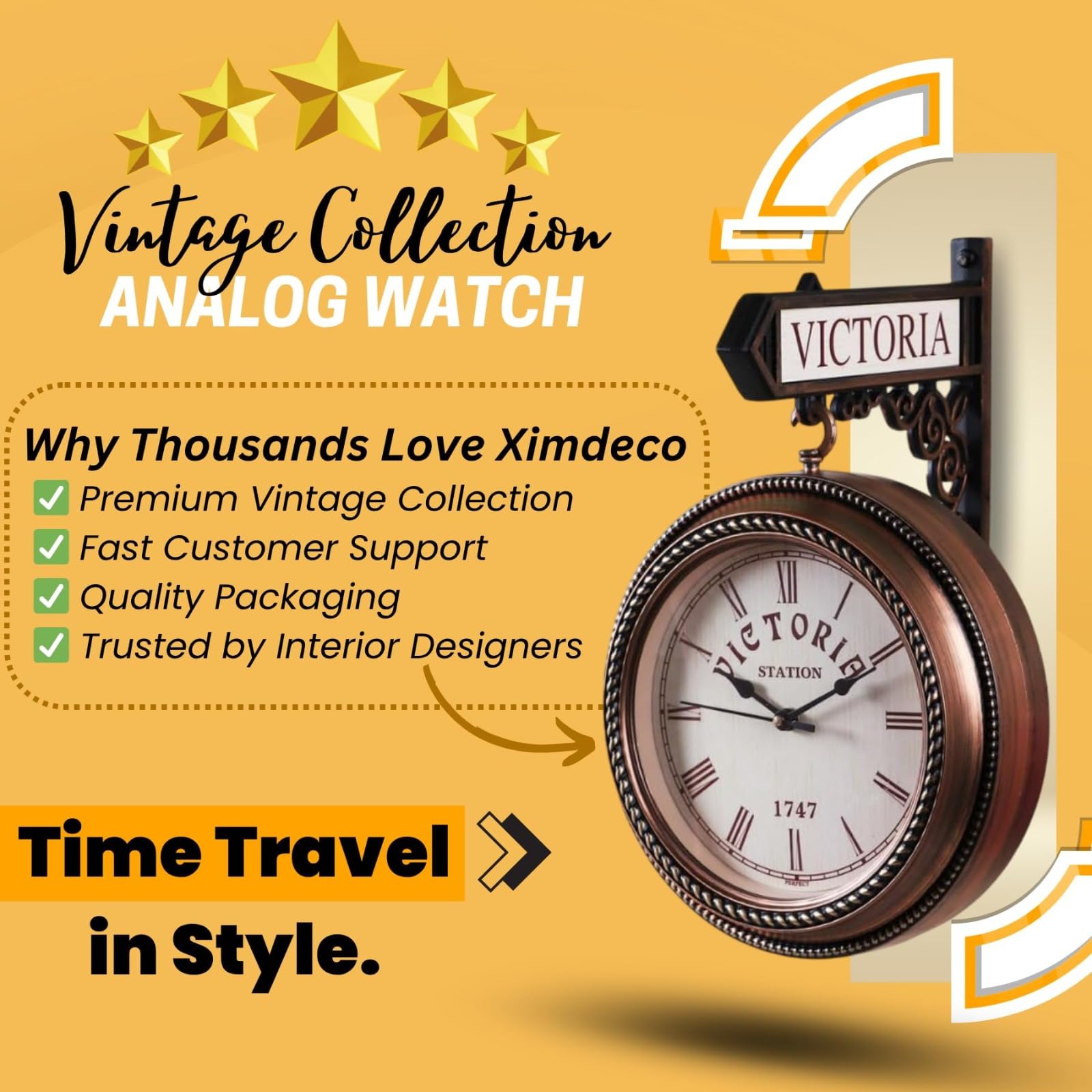 Ximdeco® Golden Plastic Wooden Pattern Replica Dual Side Victoria Station Analog Wall Clock Hanging Style Platform Railway Clock Home Decor (Copper) (Length 33 cm, Width 10 cm) 3