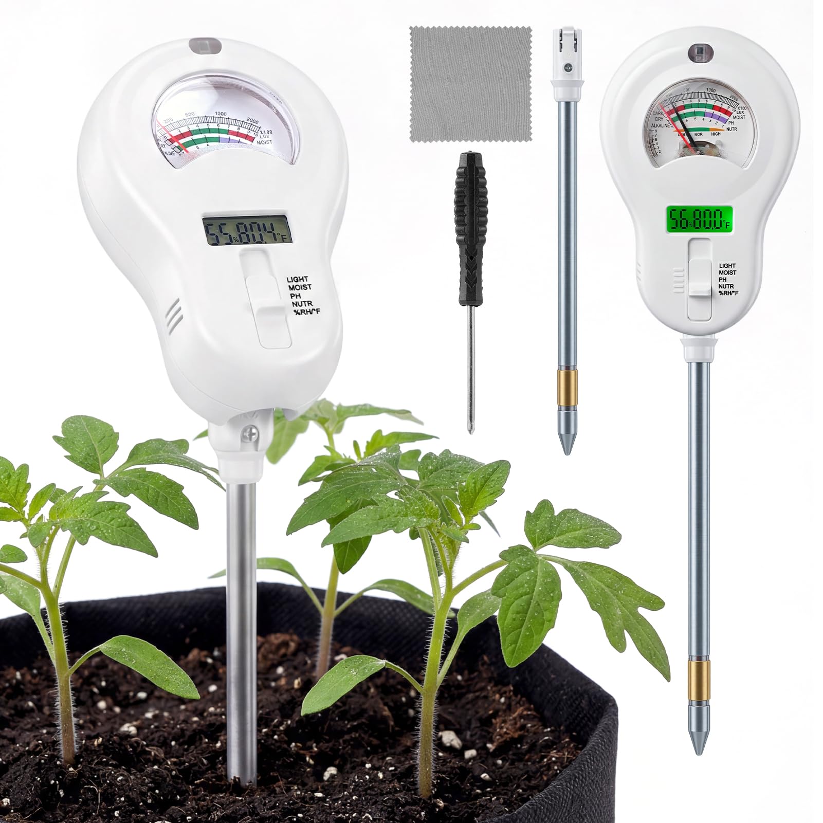 Medidor de Humedad del Suelo 6 en 1 Medidor de pH de Suelo Preciso Fertilidad/PH/Humedad/Temperatura/Humedad Ambiental/Luz Probador de Suelo con Problema Extraíble para Plantas Interior Exterior