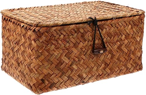 VOSAREA Caja de almacenamiento tejida de hierba marina, cesta de almacenamiento alta, cesta de manta con tapa, cesta de maquillaje, cesta de paja,