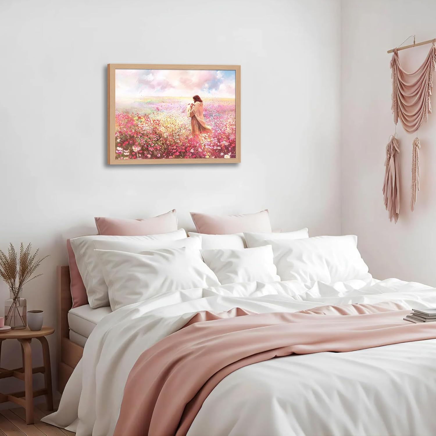 Framed Jesus Embraces Lamb Canvas Wall Art, Pink The Lost Lamb Christian Wall Decor Paintings, Jesus Leaves the 99 Sheep Bible Stories Posters Prints for Church Living Room Bedroom 12x16 In