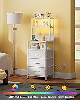 Vista 4 de WLIVE Tall White Nightstand with Charging Station, LED Night Stand with 3 Fabric Drawers and Storage Open Shelves, Bedroom Nightstand Table, Bed