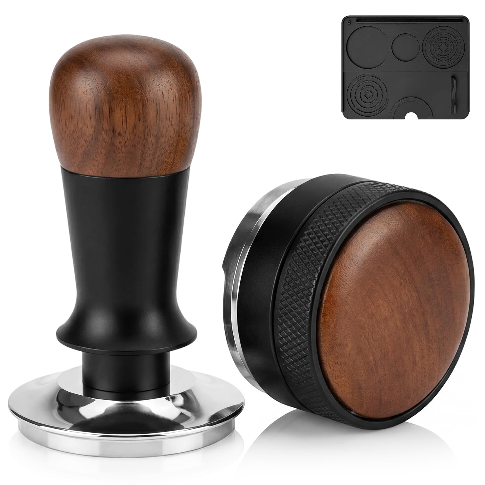 Tamper Café 58mm Professionnel, Distributeur de Poudre 58mm et Tapis en Silicone – Kit Barista Premium pour Espresso, Base Inox, Manche Bois, Outil de Tassage Compatible Porte-Filtre 58mm