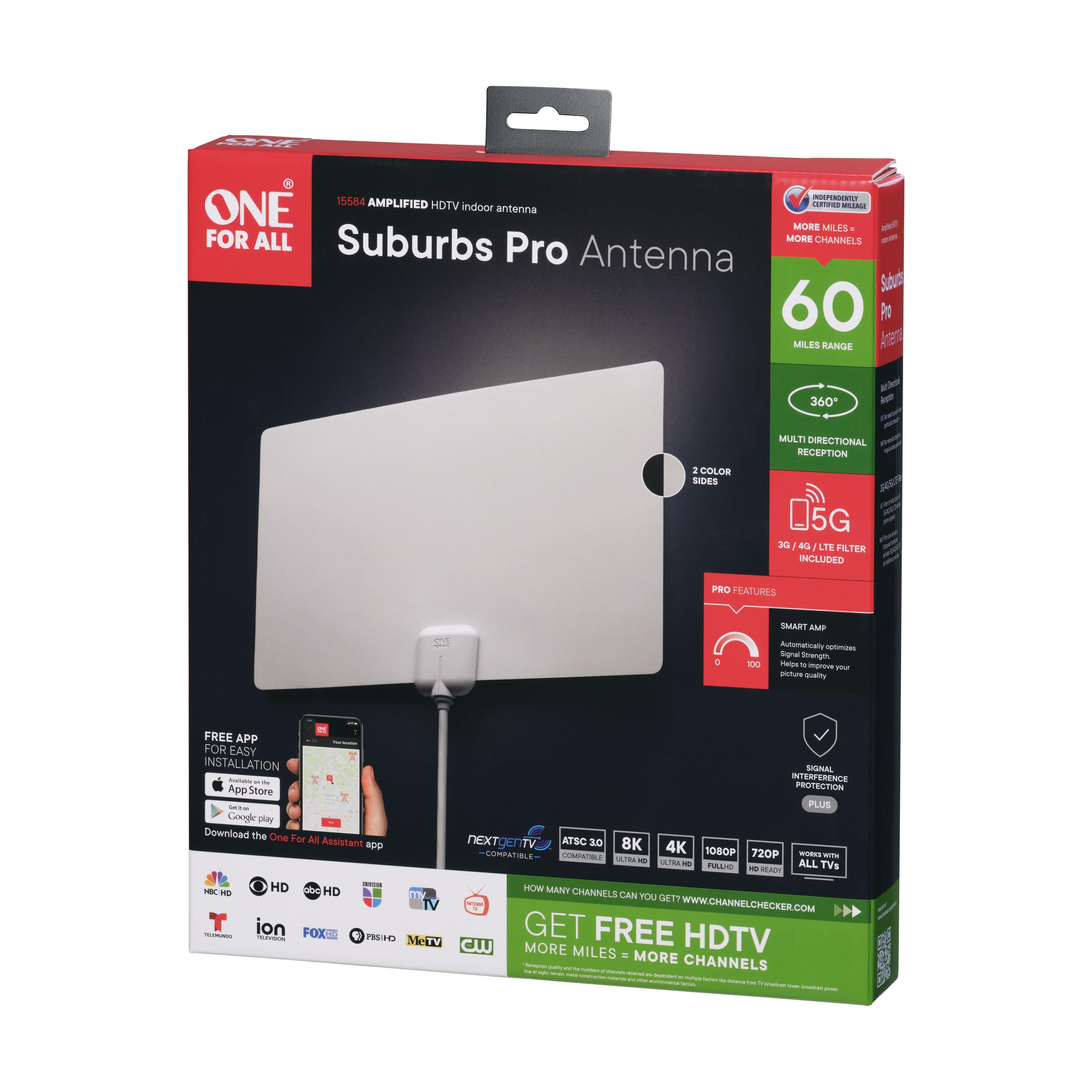 One for All Antena HDTV 15584 1080p amplificada para interiores con rango de 60 millas e indicador de nivel de señal, cable coaxial de 8 pies, color blanco