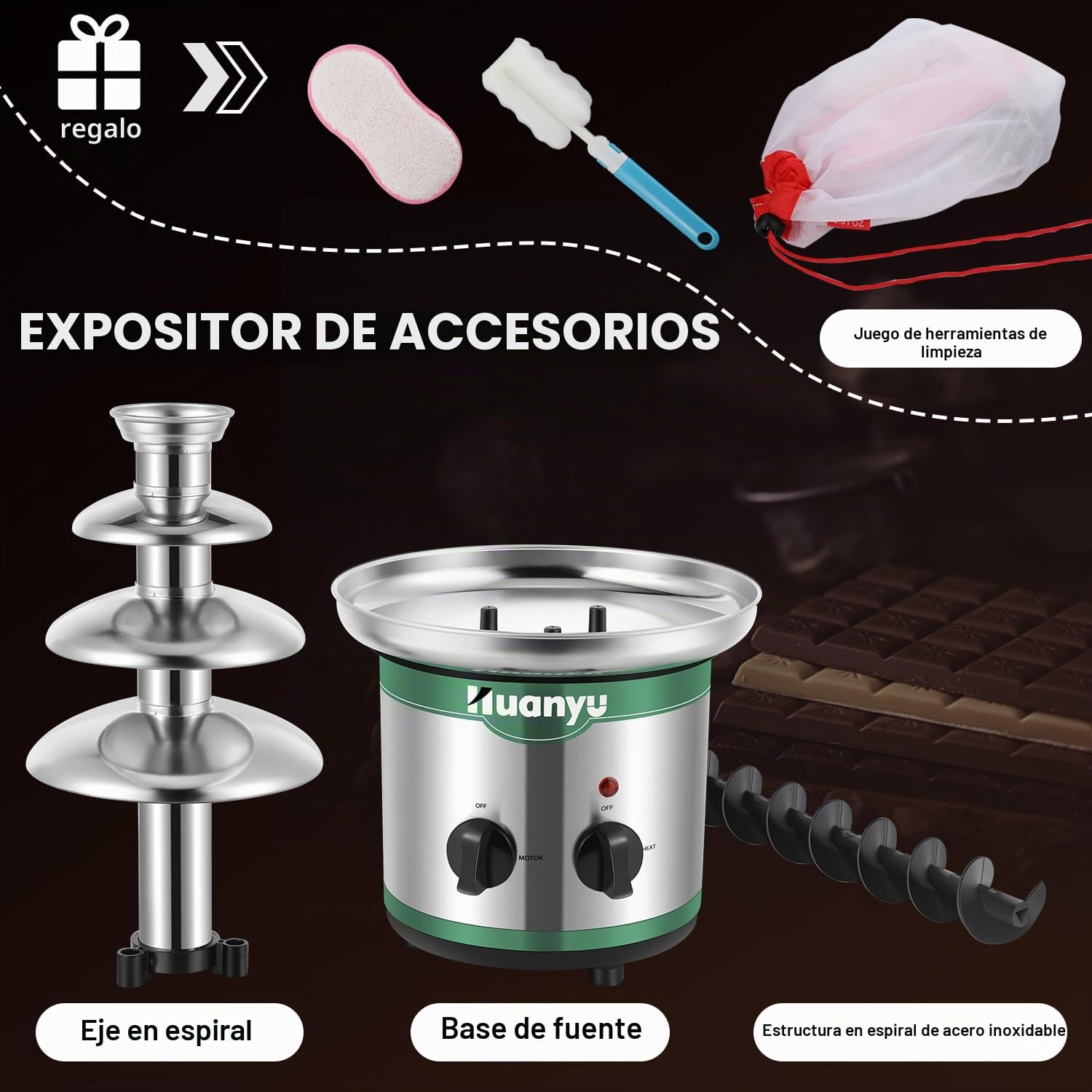 Huanyu Fuente de Chocolate de 4 niveles Grandes Juegos de Fondue para Chocolate Fuente de Chocolate Eléctrica Máquina de Chocolate Juego de Fondue de Chocolate para Fiesta Boda y Cumpleaños