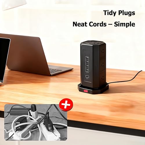Miniatura 2 de EP Torre de regleta con puertos USB, protector de sobretensiones, cable de alimentación con 9 salidas de CA y 4 USB (3A 1C), cable de extensión de 6