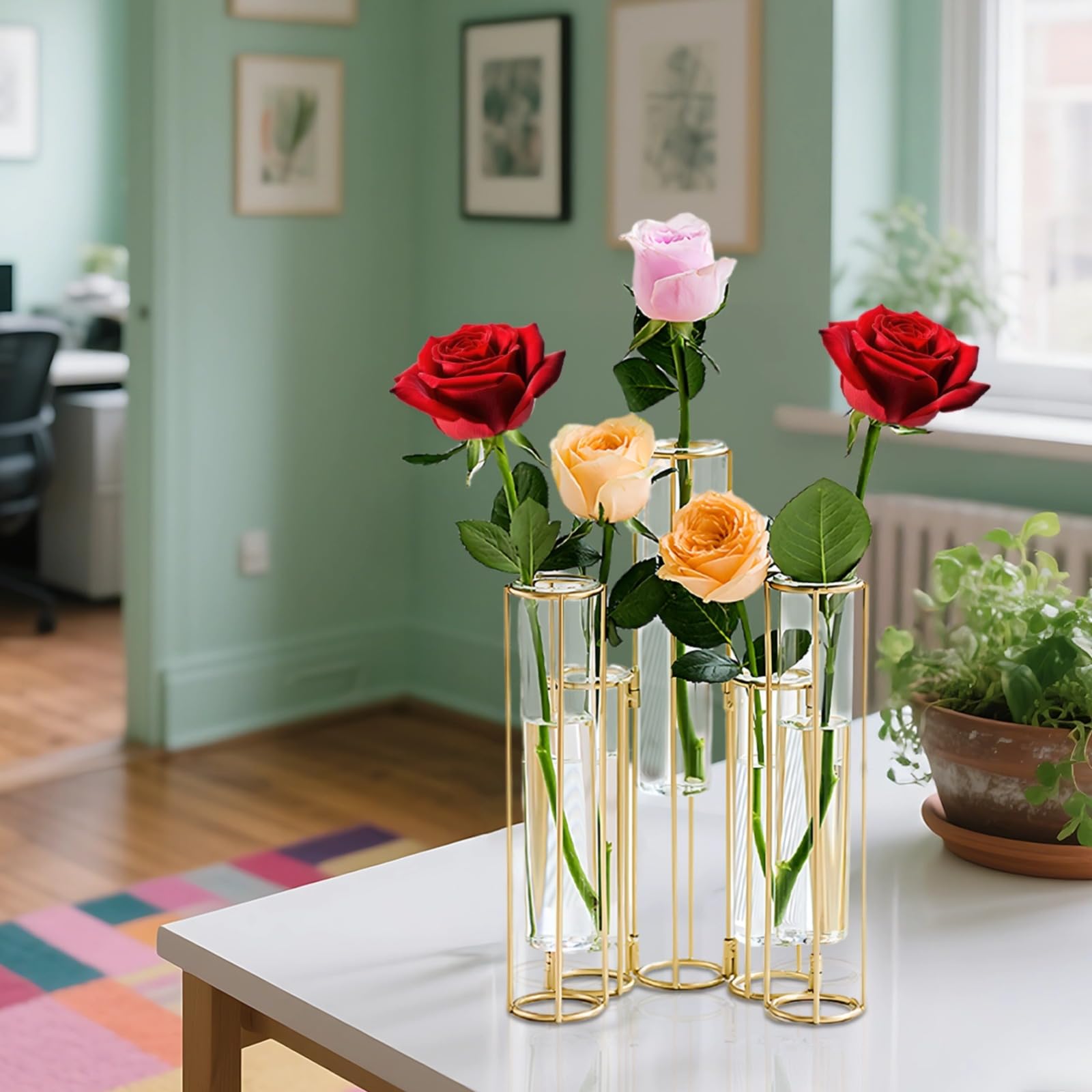 Vase tube à essai pour fleurs, vase de propagation en verre à 5 positions à suspendre avec cadre en fer pliable, métal doré, style européen moderne, idéal pour la décoration de la maison et du balcon