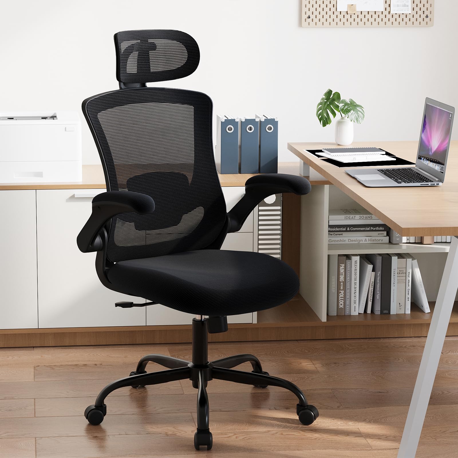 COLAMYOffice Chair Mesh Computer Chair with Adjustable Headrest and Lumbar Support Ergonomic Desk Chair with Flip-up Armrest, 140° Rocking for Home Office Study, All Black