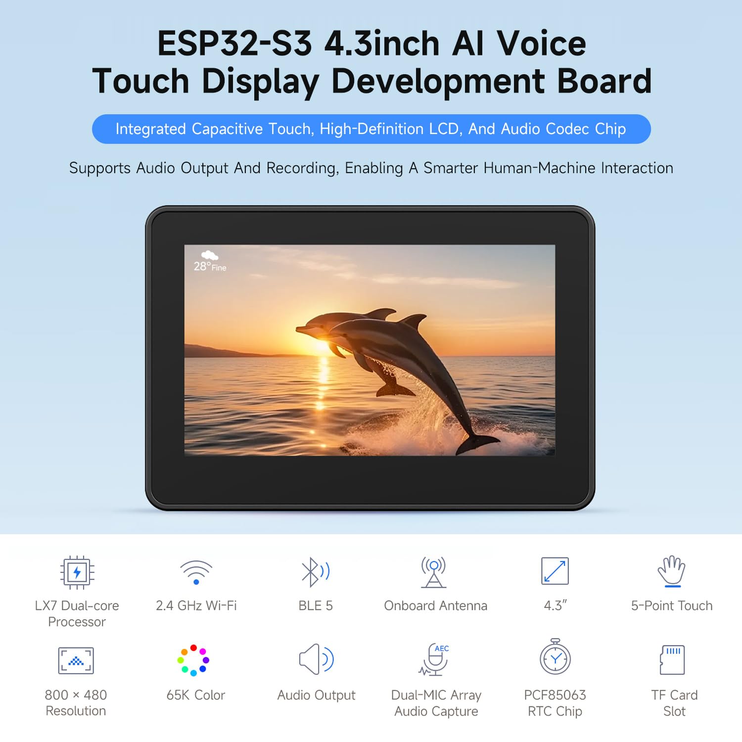Waveshare ESP32-S3 4.3inch AI Voice Touch Display Development Board with Case, 800 x 480 Resolution, 5-Point Touch, Dual-Mic Array, Supports 2.4GHz Wi-Fi & BLE 5