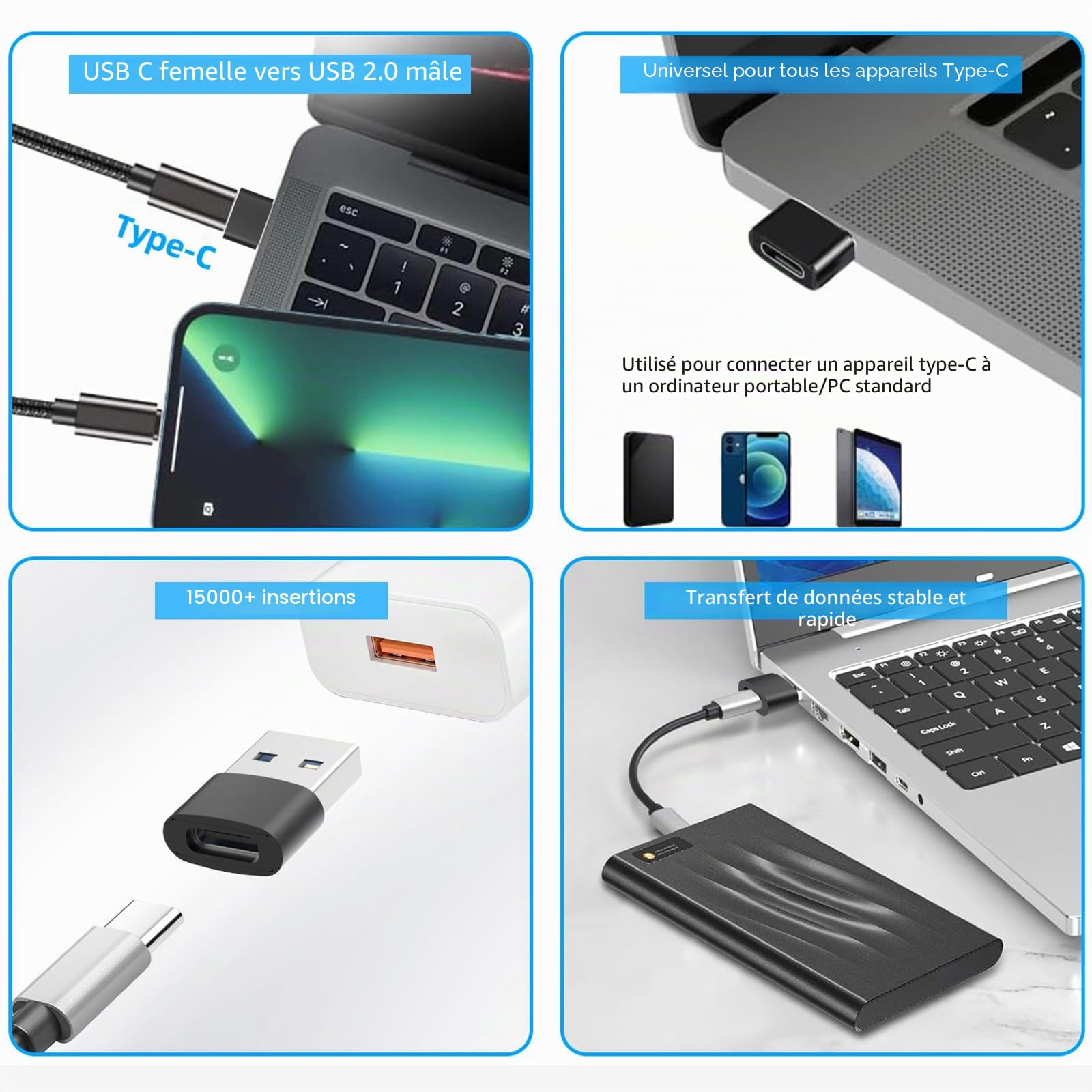 Adaptateur USB C vers USB 3.0 2 pièces Charge Rapide Data Sync Compatible iPhone 16 15 Plus Pro Max MacBook iPad Air Samsung