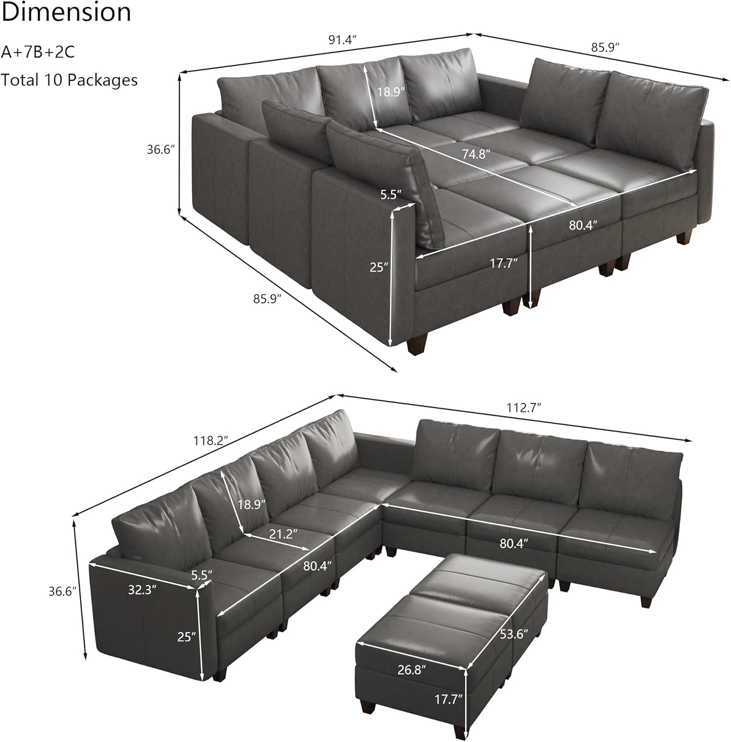 Detailed dimensions of the EASE MOOSE Modular Sectional Couch