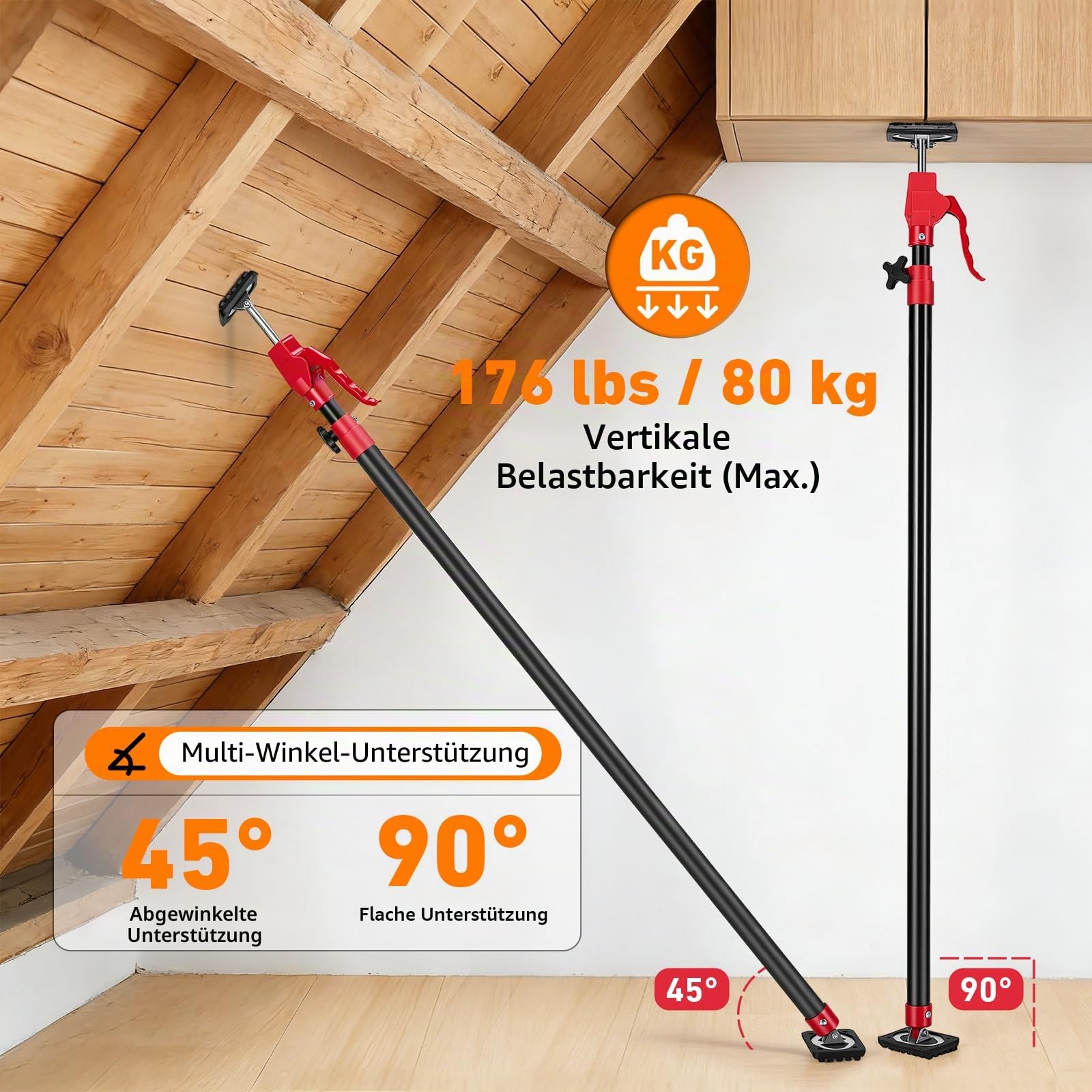Deckenstütze 2 Stück, Montagestütze Bis 80KG Tragkraft, 125-290cm Teleskopstütze aus Stahl, Einhandstütze für Wände, Decken, Türzargen, mit Einhandabstützung