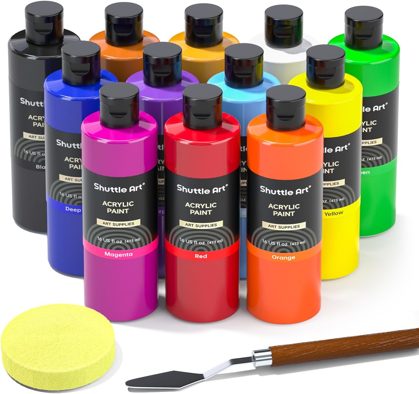 Shuttle Art Acrylic Paint, 12 Colors Acrylic Paint Large Bottle Set, 473ml/16oz Each, Rich Pigments, High Viscosity, Bulk Paint for Artists, Beginners and Kids on Rocks Crafts Canvas Wood Ceramic