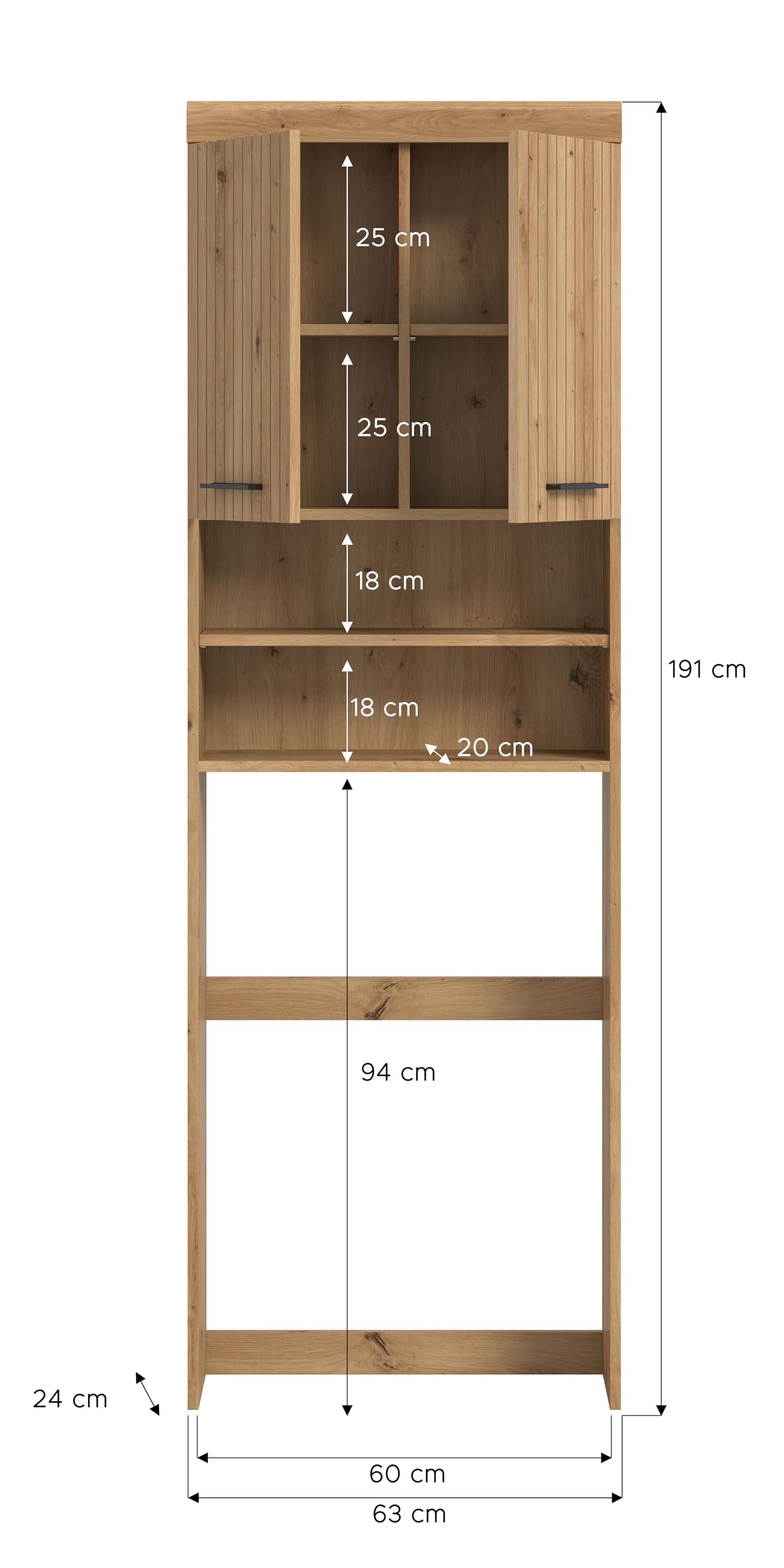 xonox.home – Waschmaschinenüberbau Scout 63x191x24 cm in Artisan & Schwarz – Überbauschrank mit 2 Türen & offenen Fächern – Passend für alle gängigen Waschmaschinen zur optimalen Platznutzung im Bad – Bild 4