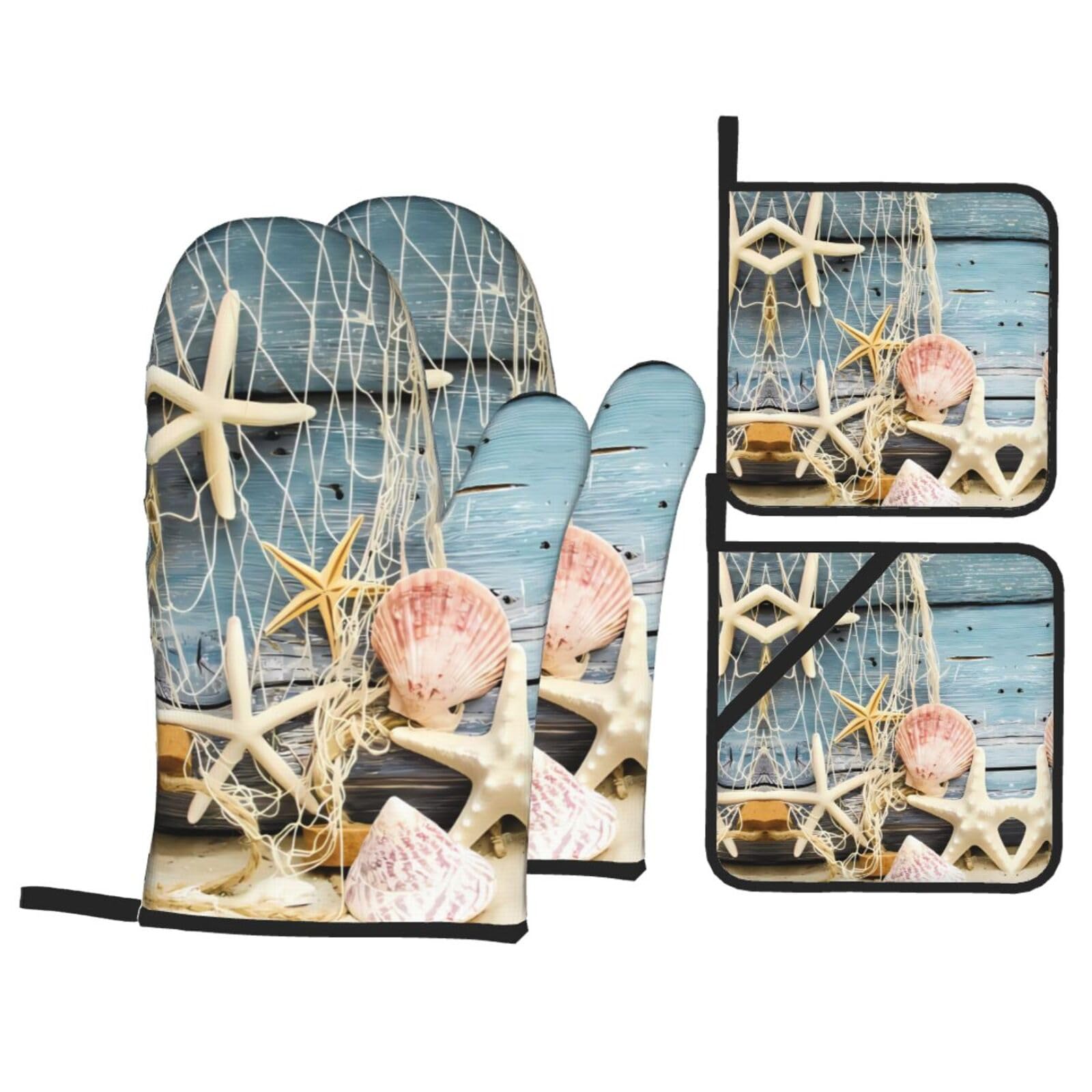 WHJDPP Beach Seashells Starfish Sand Prints Kitchen Baking 4-Piece Set with Heat Resistant Pot Holders & Oven Mitts - Waterproof Layer for Easy Clean, Great for Grilling & Baking