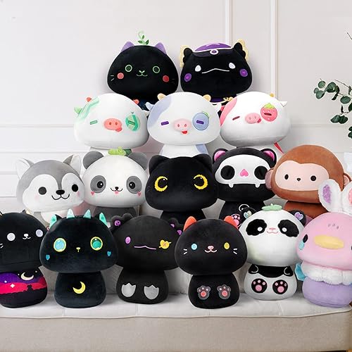 Miniatura 8 de Juego de peluche de hongos de 4 pulgadas, 4 piezas de llavero de felpa suave, lindos animales de peluche de vaca fresa, juguetes de peluche Kawaii