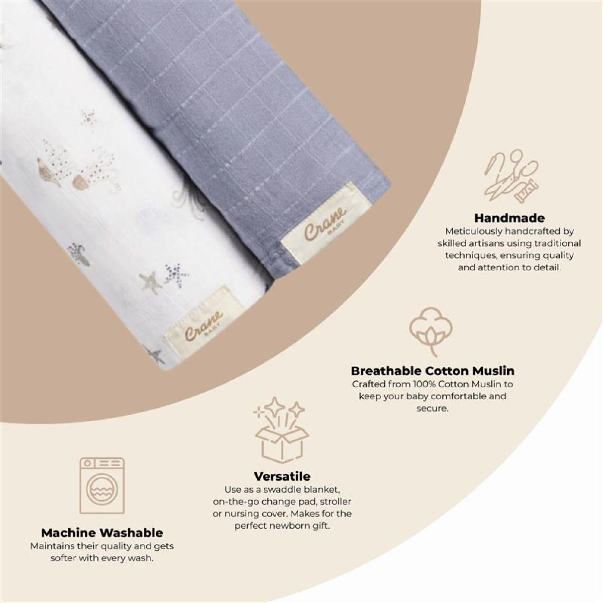 Crane Baby Manta de Muselina para bebé, Pack de 3, 100% Muselina de algodón, Estampado Vida Marina, imprescindible para bebé