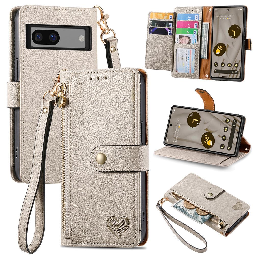 Étui portefeuille Google Pixel 6 gris à fermeture éclair magnétique - 8