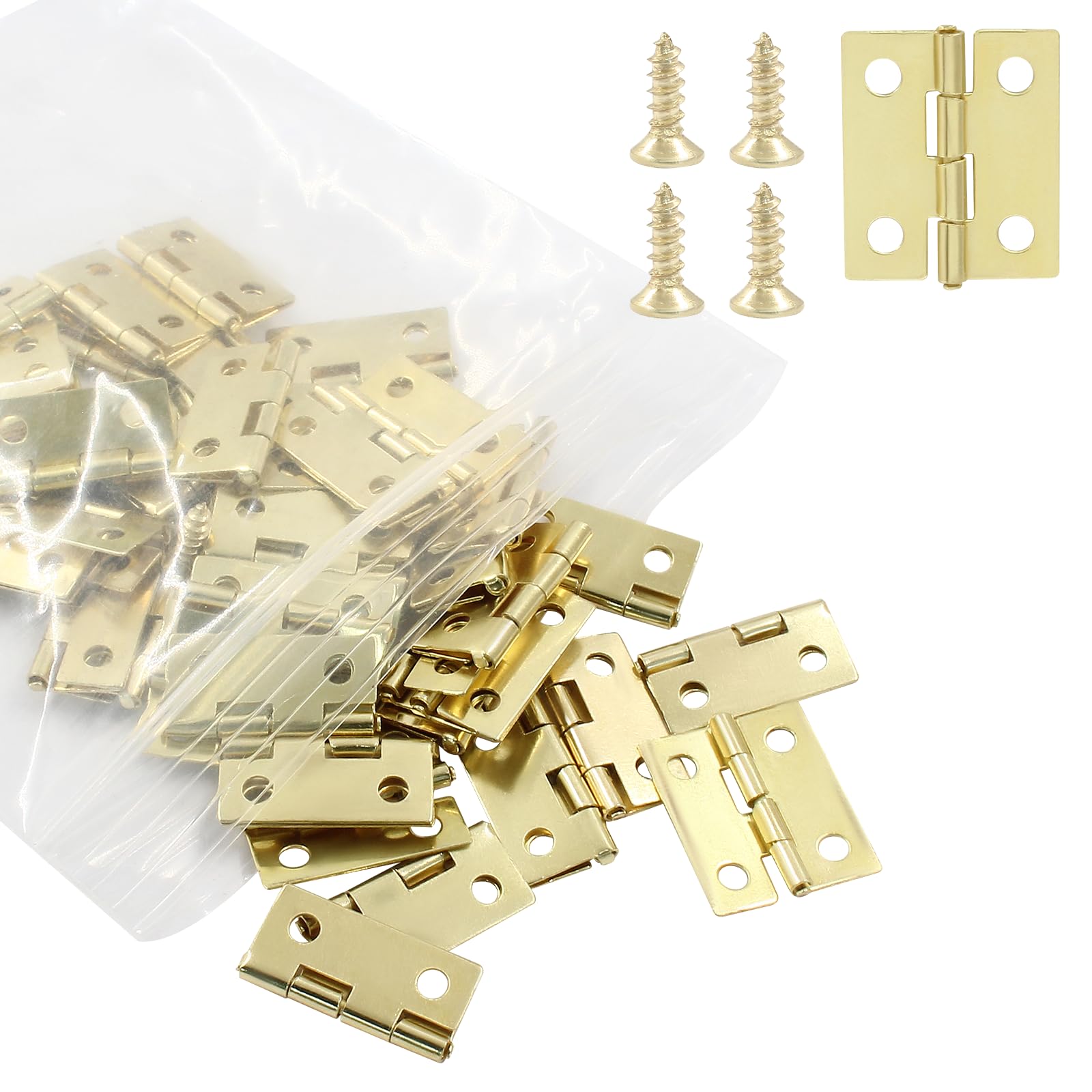 Murtenze 50Pcs Gold Mini Hinges for Box Decoration, 18 x 15mm Small Hinges with 200 Tiny Screws for DIY Crafts Wooden Jewelry Box Dollhouse Picture Frame