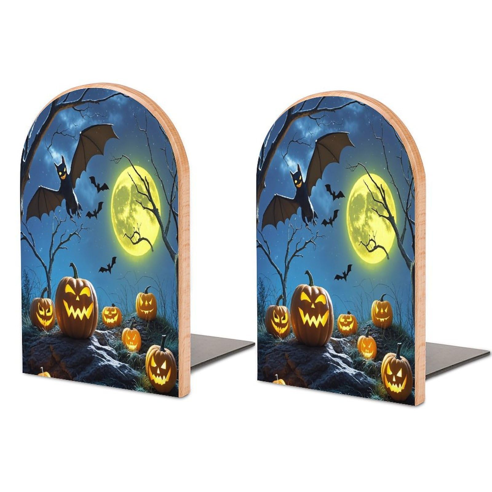 Bats and Pumpkins Bookend for Shelves Unique Book End Sturdy Books Holder Heavy Duty Wooden Bookends Support Non-Slip Book Organizers Decorative Modern Bookend Holder for Home