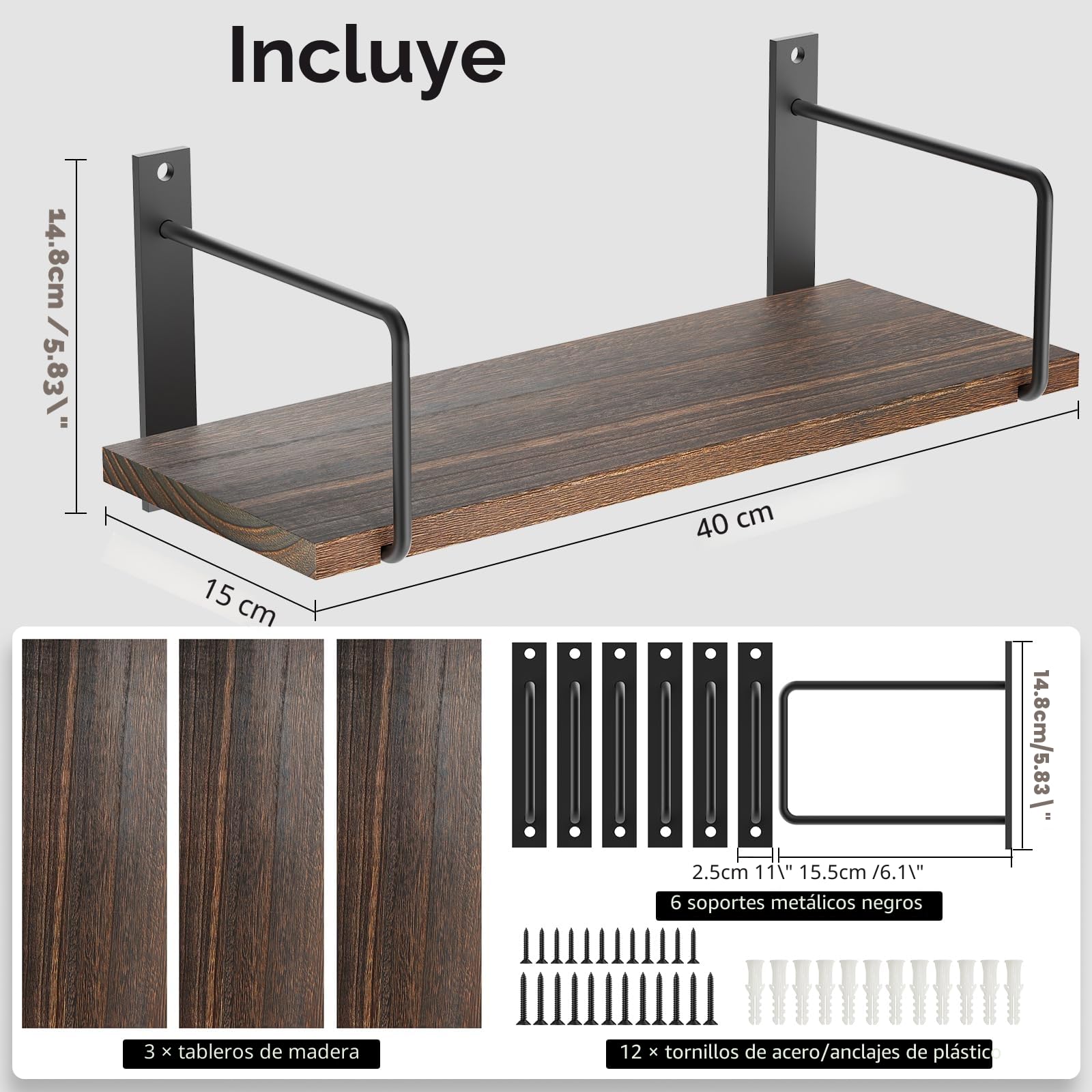 TRAYINDALY Estanteria Pared Madera Juego de 3, Baldas Flotantes Pared Rústicos y Decorativas Ideal para Dormitorio, Baño,Cocina, Oficina, Sala (Marrón)
