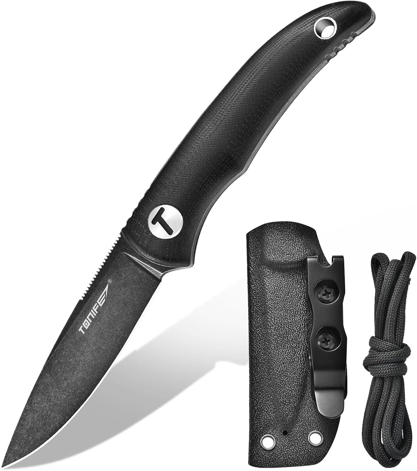 TONIFE Nova 2.68” Blade Mini Neck Knife Full Tang Mounted Blade Knife with Kydex Sheath and Adjustable Paracord Lanyard for Tenting Out of doors Survival Device (Black+Black Oxide then Stonewash)