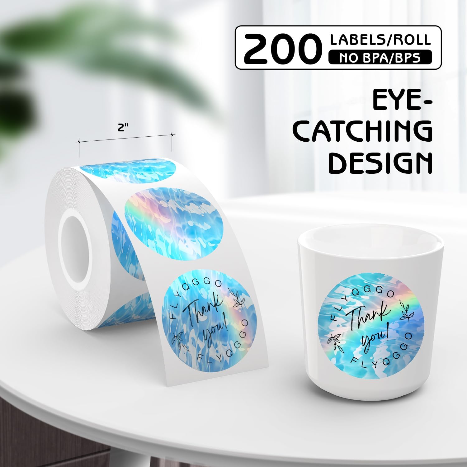 2-Inch Round Holographic Thermal Sticker Labels, with Rainbow Wave & Glitter Design, for Every Tags, Custom DIY Logo Applications, Waterproof and Tear-Resistant, Ocean Blue(200Pcs/Roll) - Image 3